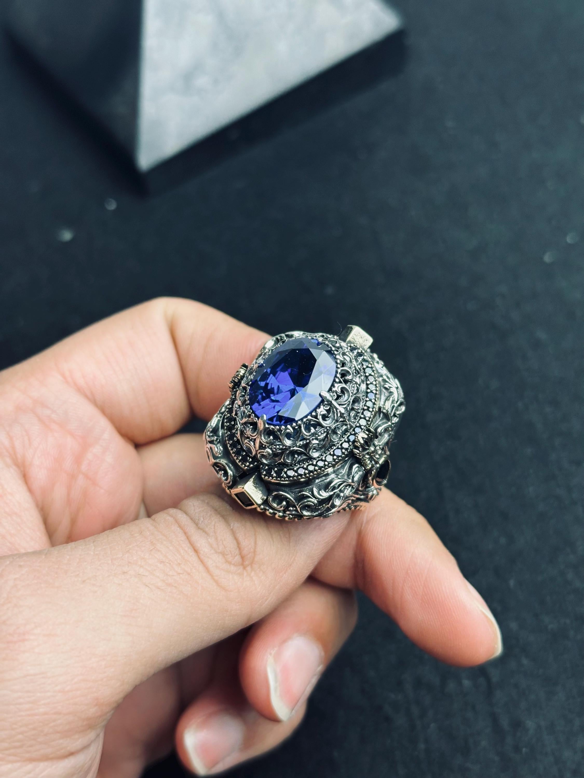 Blue Sapphire Ring 925 Sterling Silver Men Statement Ring Handmade Luxury Jewelry