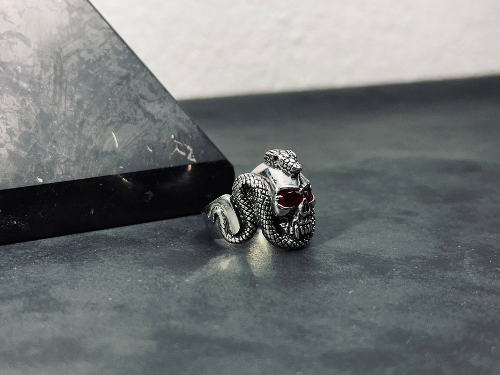 Sterling Silver Skull Snake Ring - Gothic Biker Style Jewelry