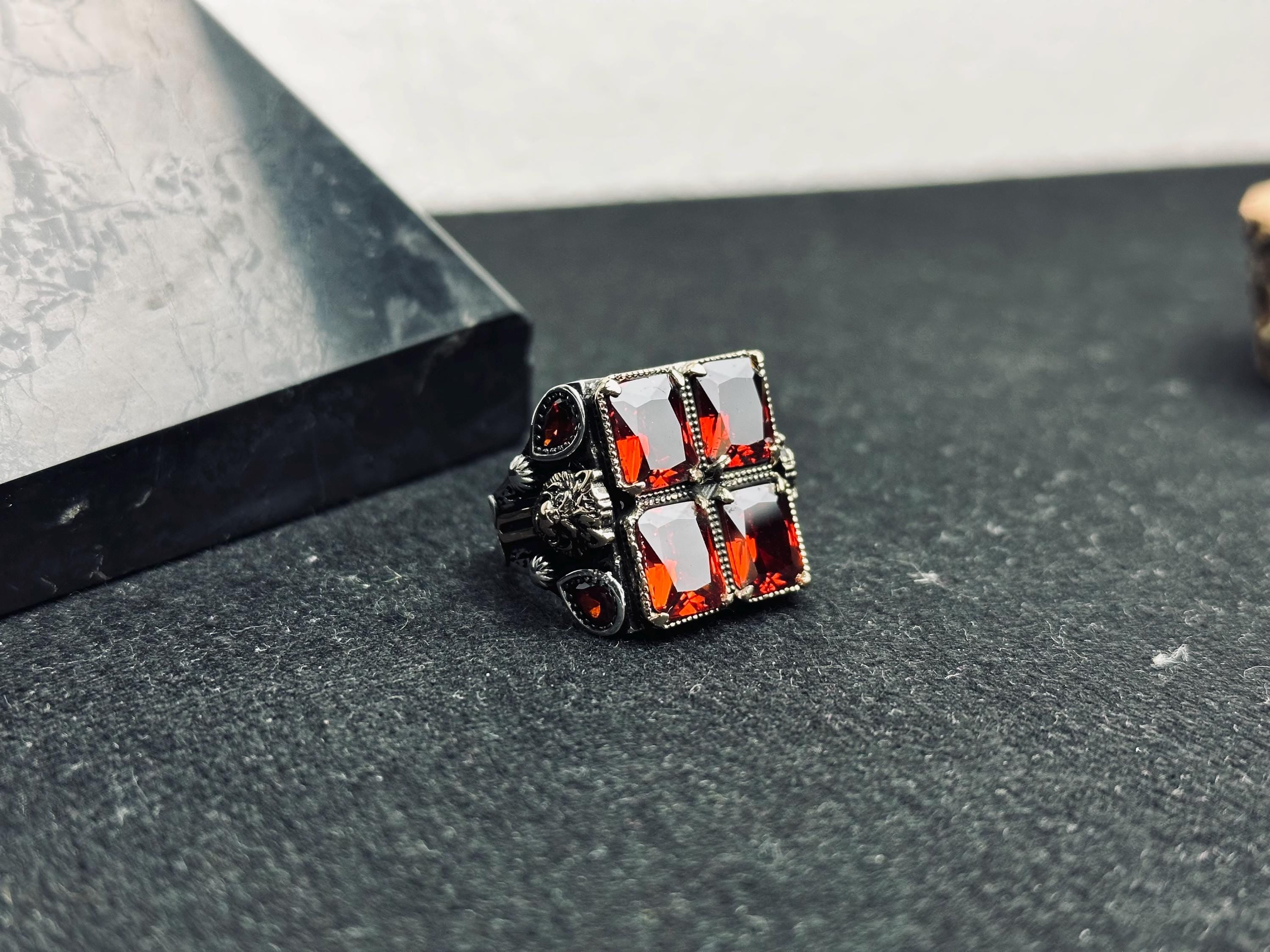 Men’s Ruby Ring, Sterling Silver, Bold Square Red Gemstone (Handmade)