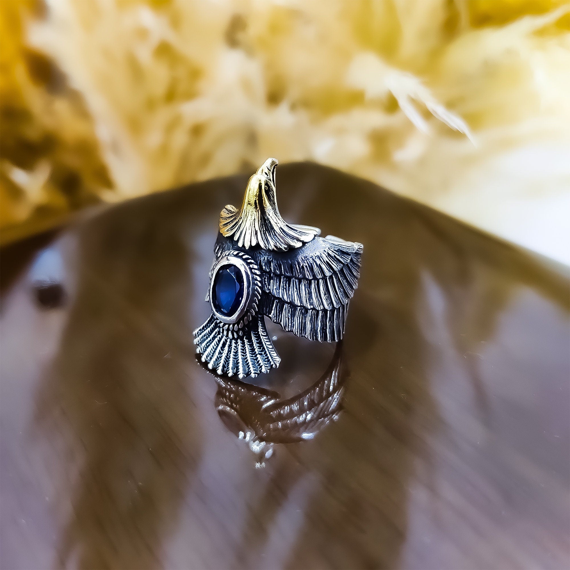 Dark Blue Sapphire Eagle Ring: Sterling Silver Men's Statement