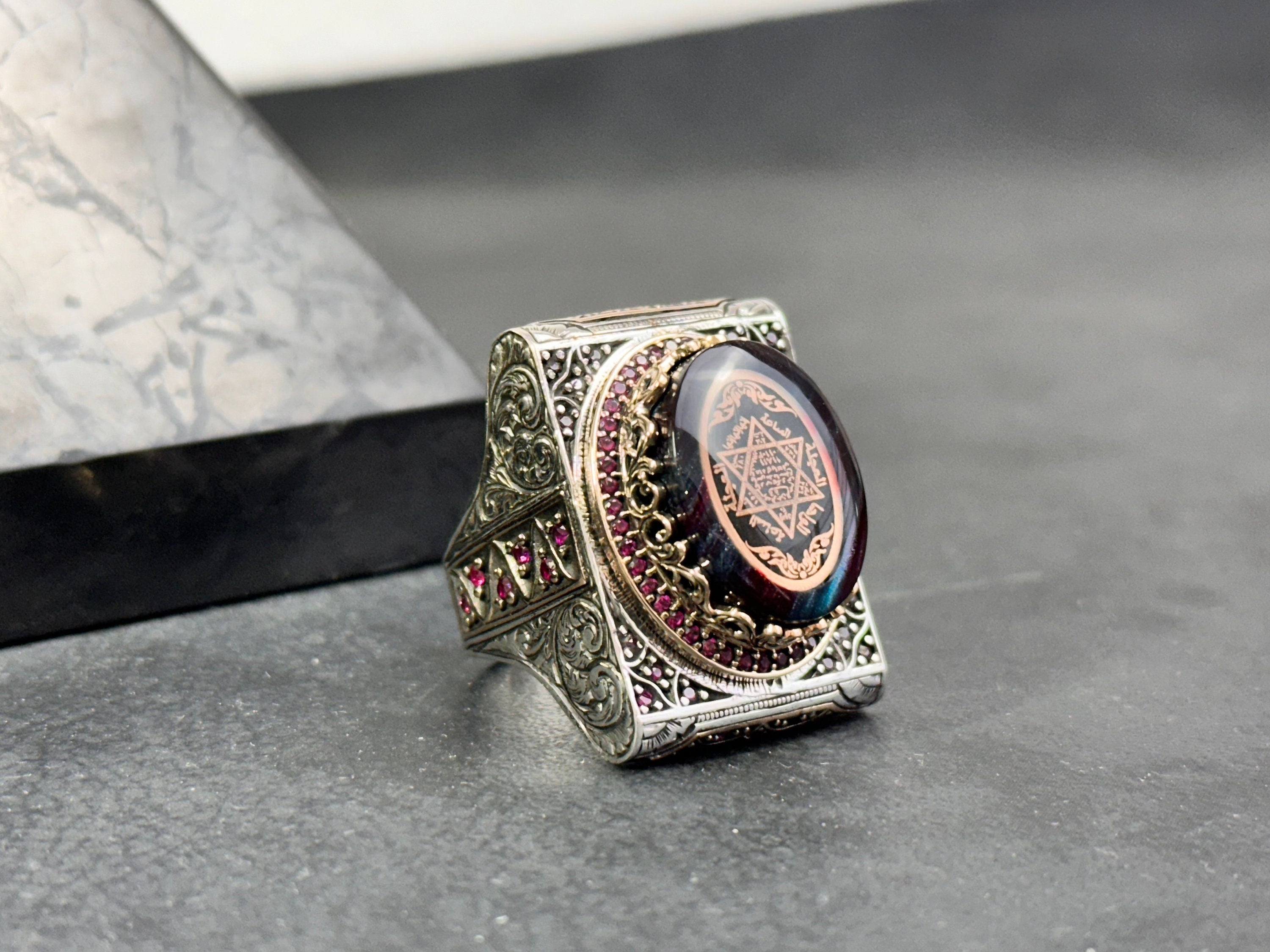 Solomon Seal Ring: Large Amber Stone - Sterling Silver Men’s Jewelry