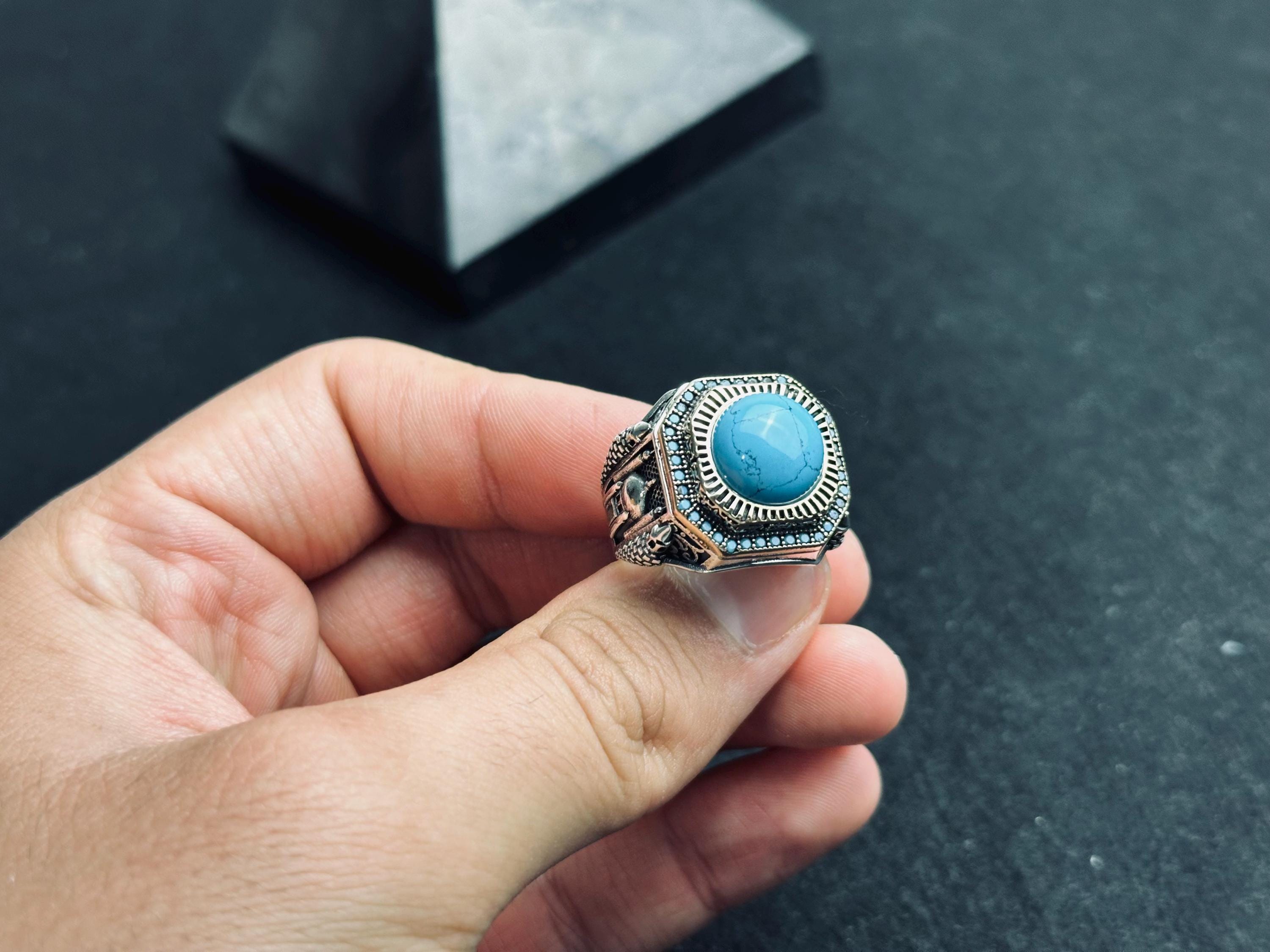 Turquoise Men's Ring: Mosque Engraved Sterling Silver Statement