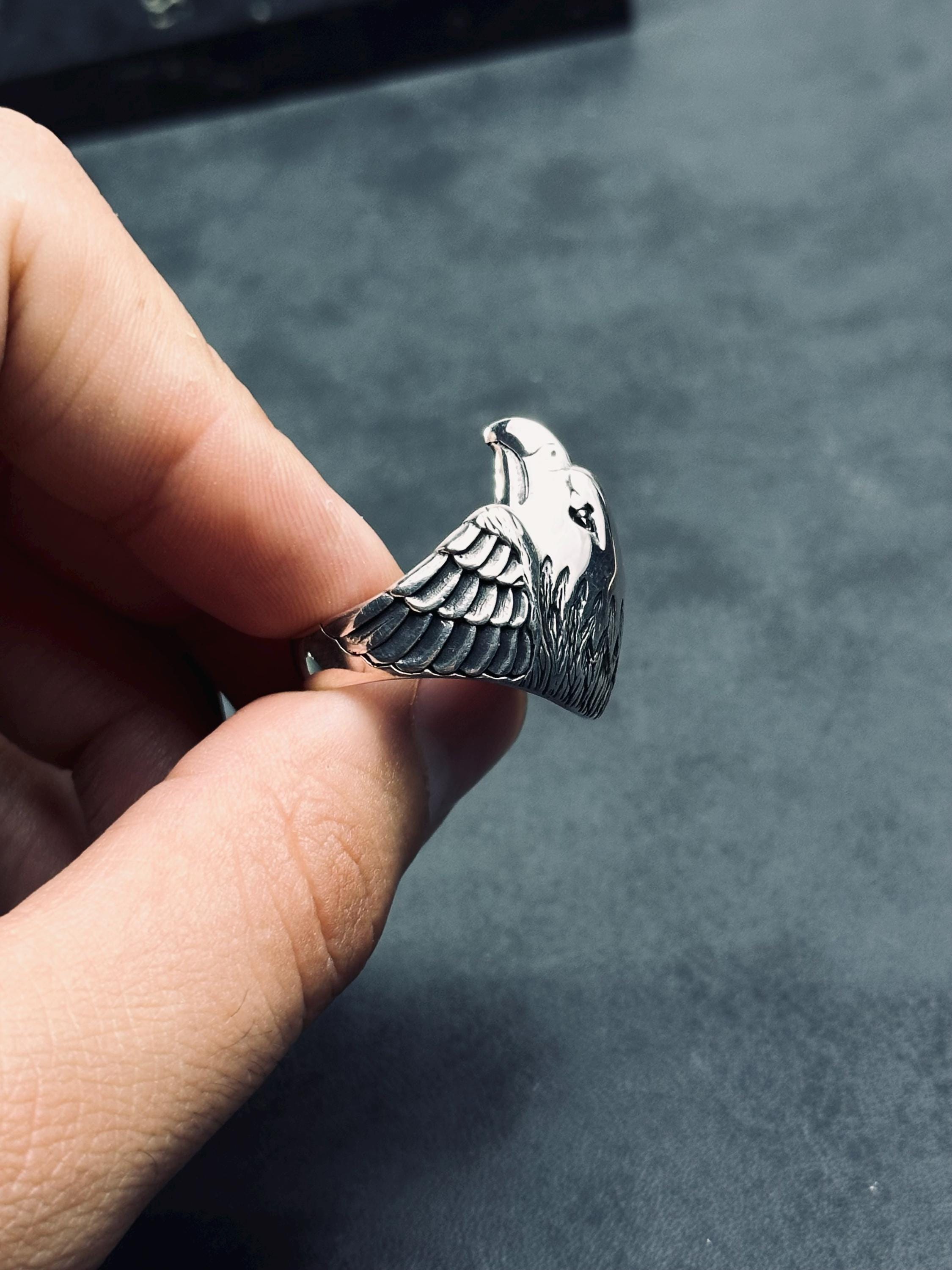 Raven Signet Ring: Sterling Silver Handmade - Engraved Bird Design