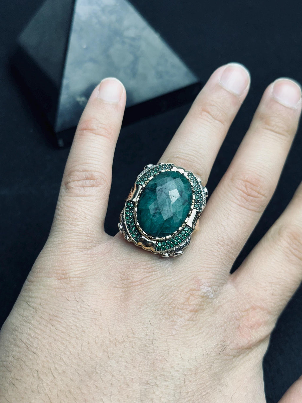Emerald Lion Silver Ring - Large Handmade Sterling Statement
