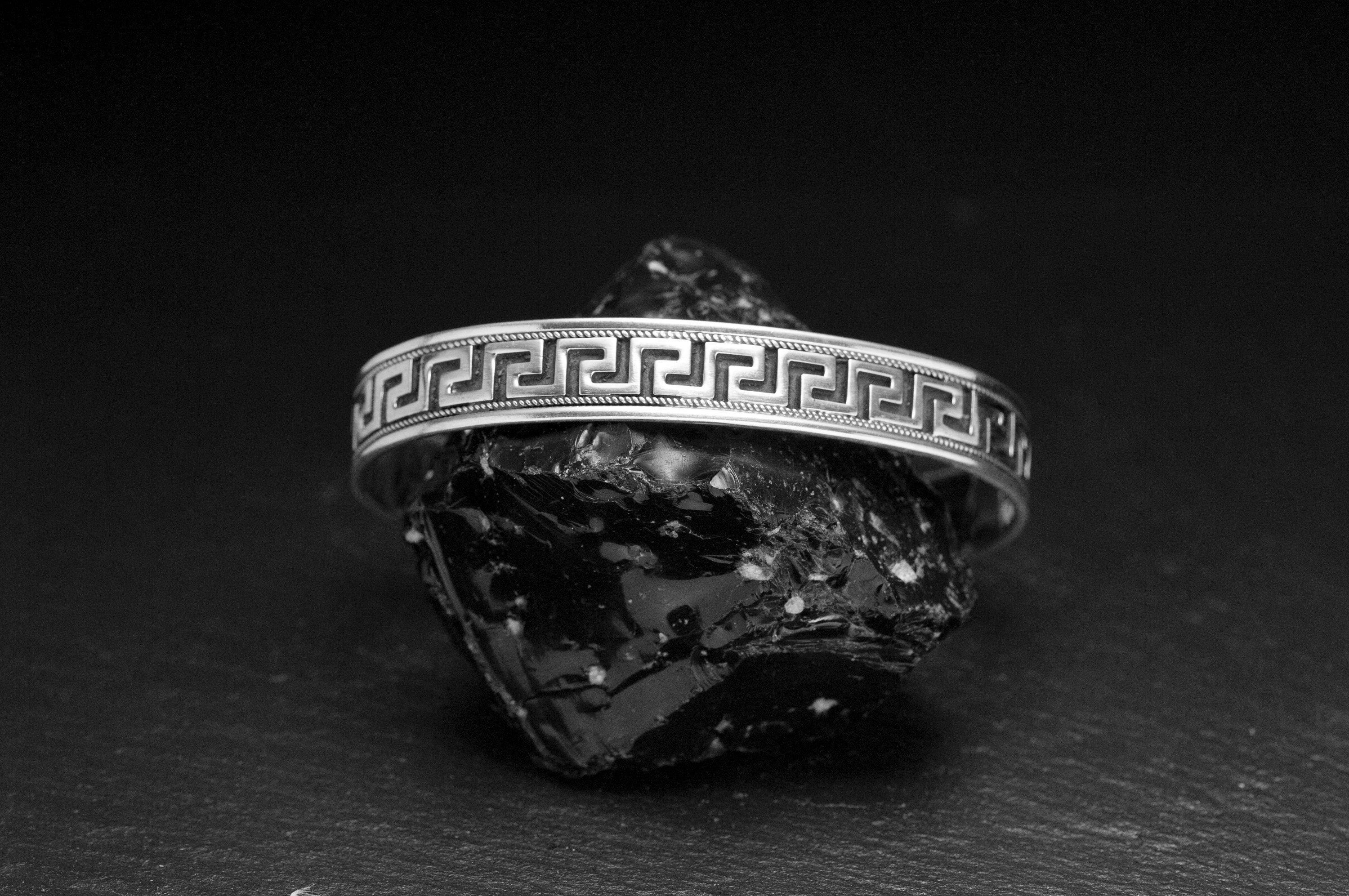 Engraved Silver Cuff Bracelet: Greek Key Pattern (Sterling, Handmade)