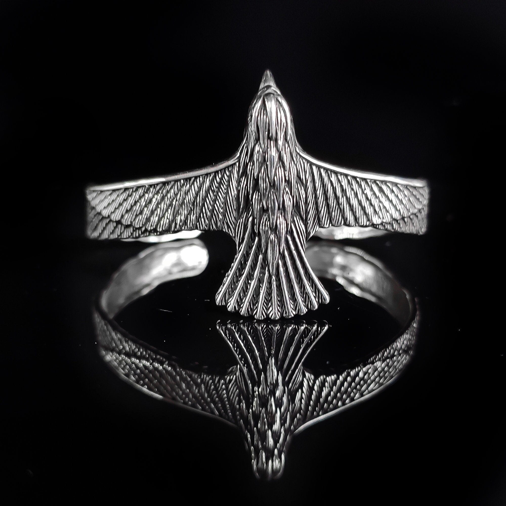 Falcon Sterling Silver Bracelet, Eagle Engraved with Sapphire (Men's Cuff)