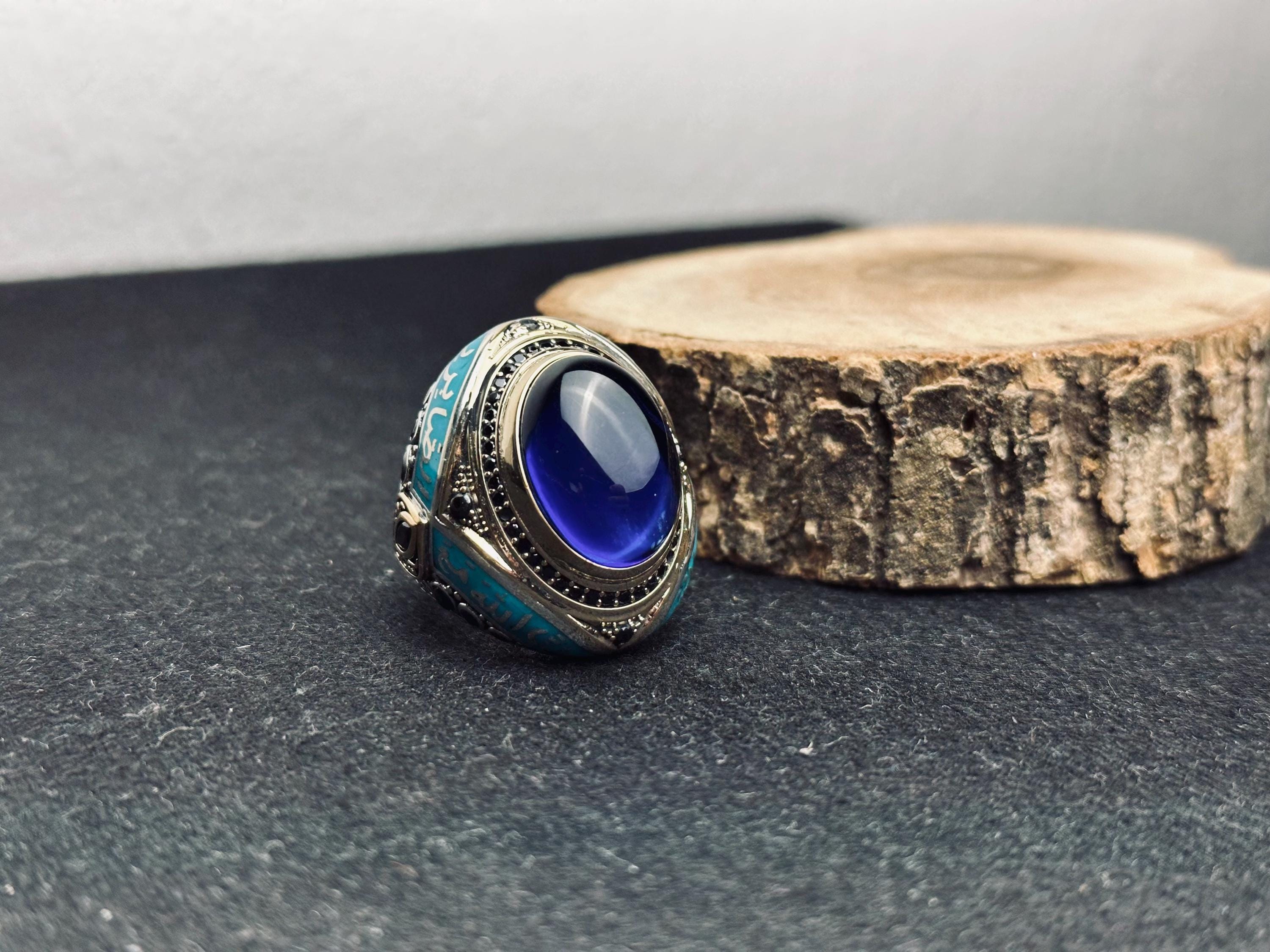 Islamic Silver Ring: Blue Zircon Oval Stone (Handmade Turkish Jewelry)