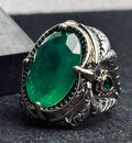 Sterling Silver Men's Ring: Lion Design with Green Tourmaline