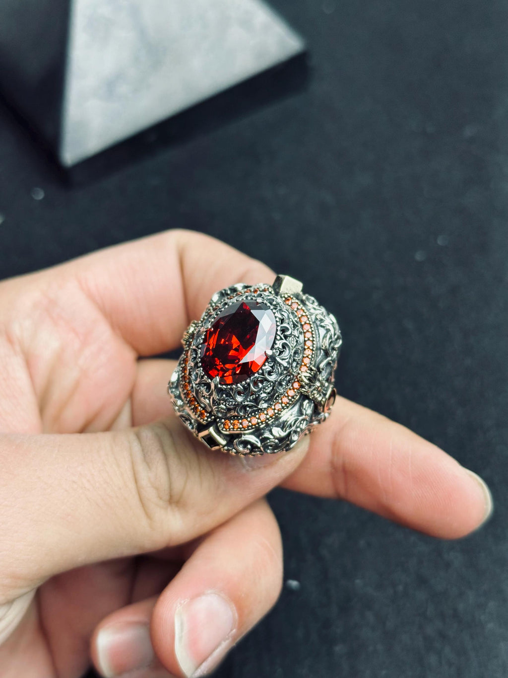 Ruby Ring, 925 Sterling Silver Victorian Filigree Statement Ring