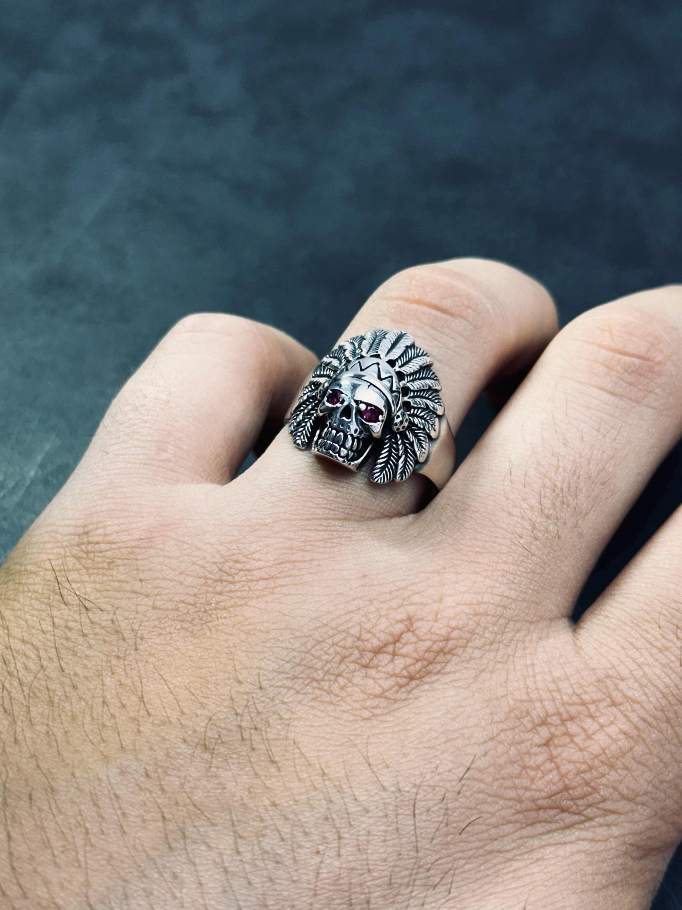 Indian Chief Skull Ring: Sterling Silver with Cubic Zirconia - Men's Jewelry