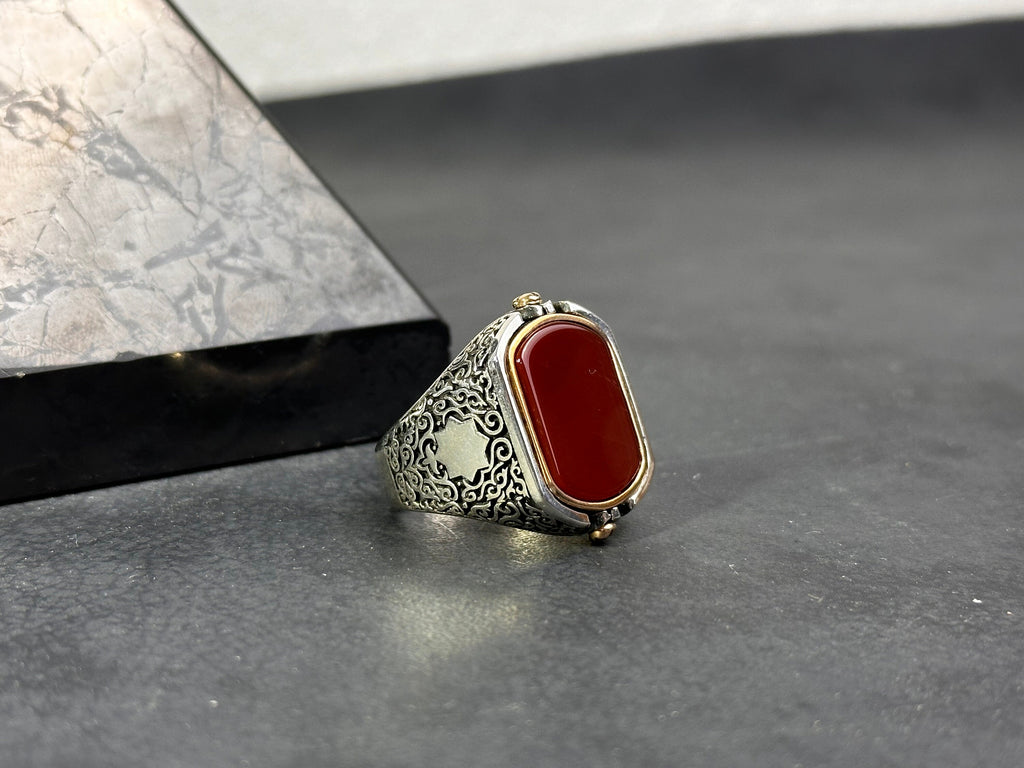 Men's Red Agate Silver Ring, Seal of Solomon (Double-Sided Design)