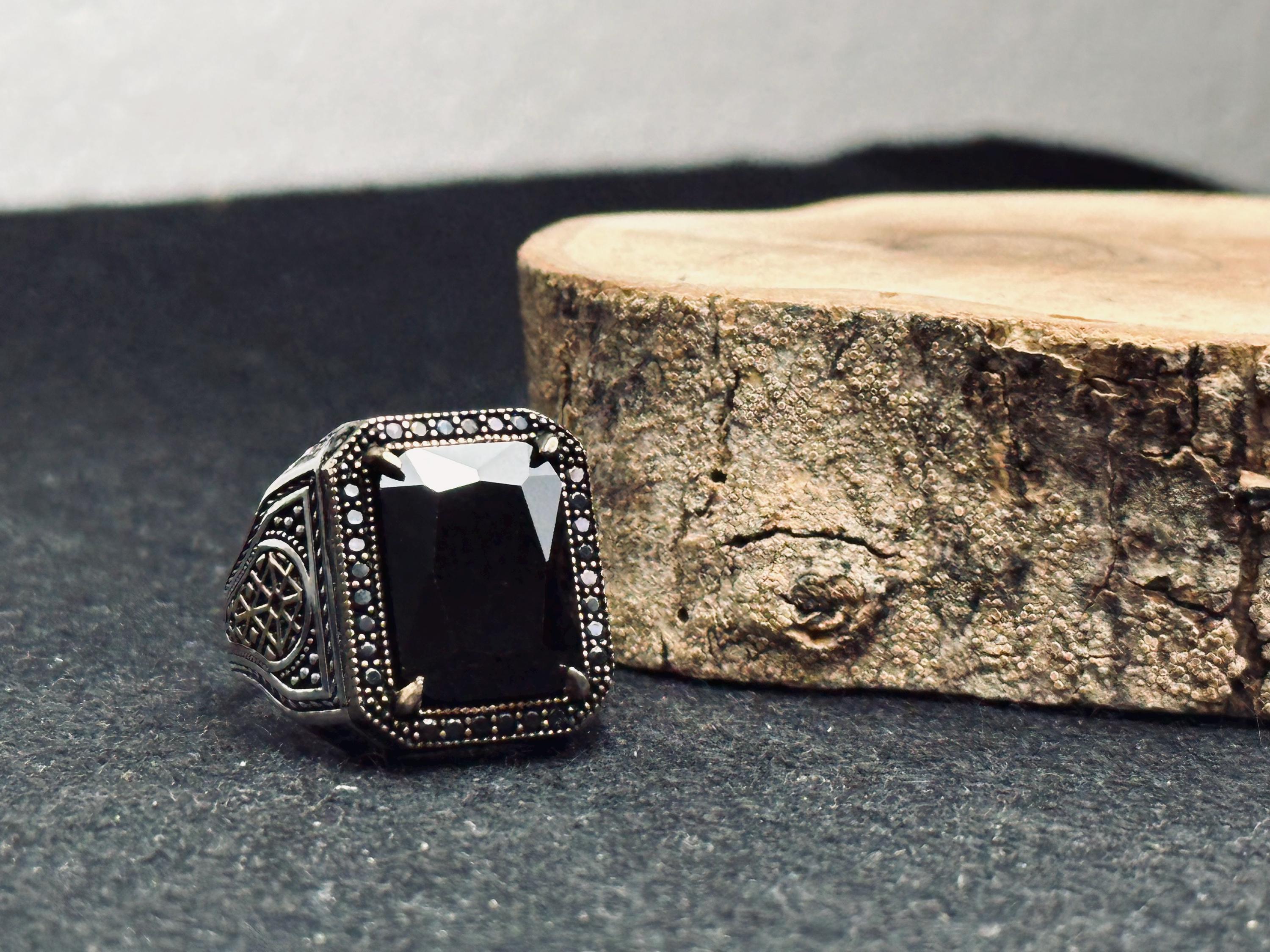 Signet Ring for Men: Black Zircon Stone - Sterling Silver