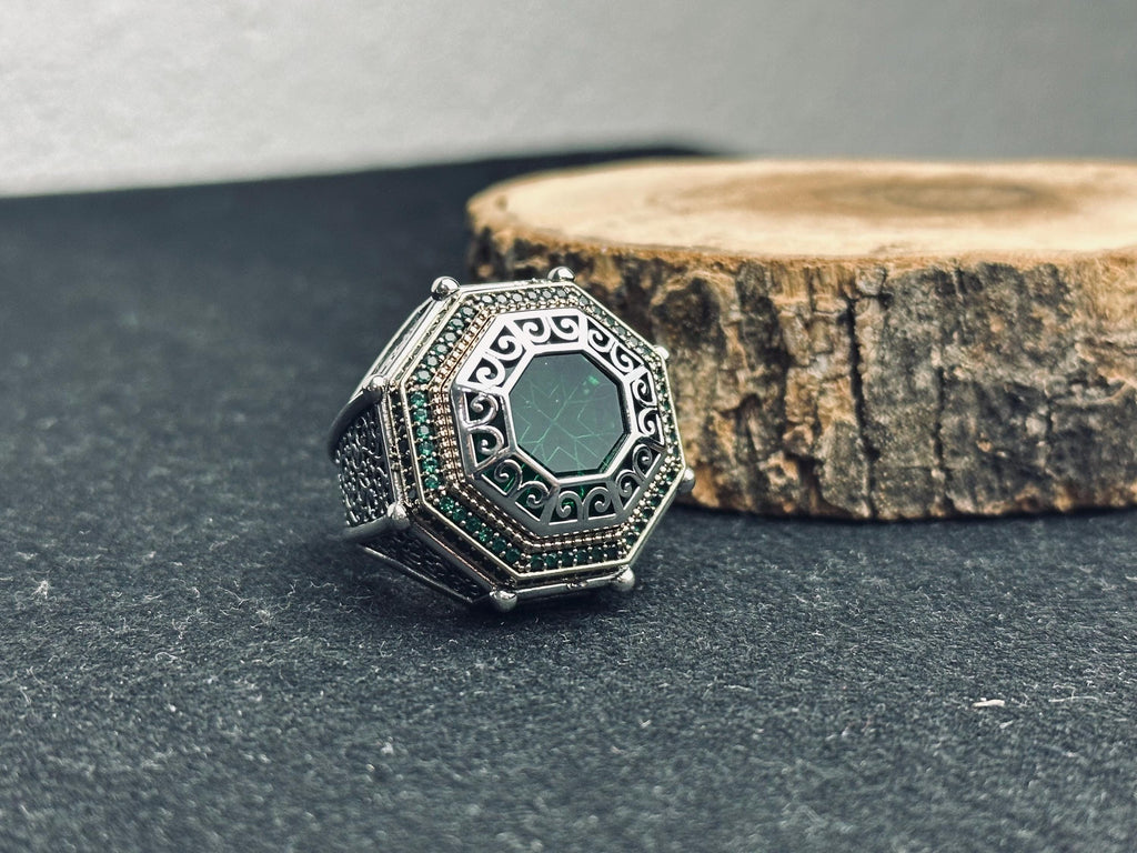 Octagon Emerald Ring, 925 Sterling Silver, Turkish Handmade Jewelry