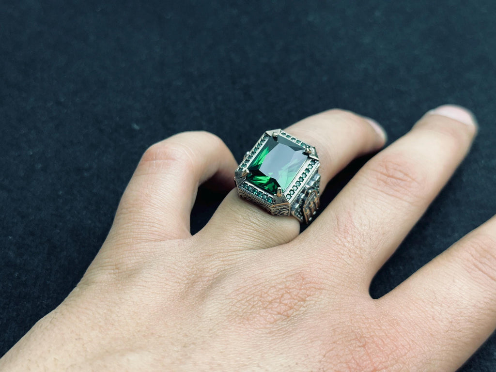 Turkish Sterling Silver Ring, Square Emerald Zircon (Men’s Statement)