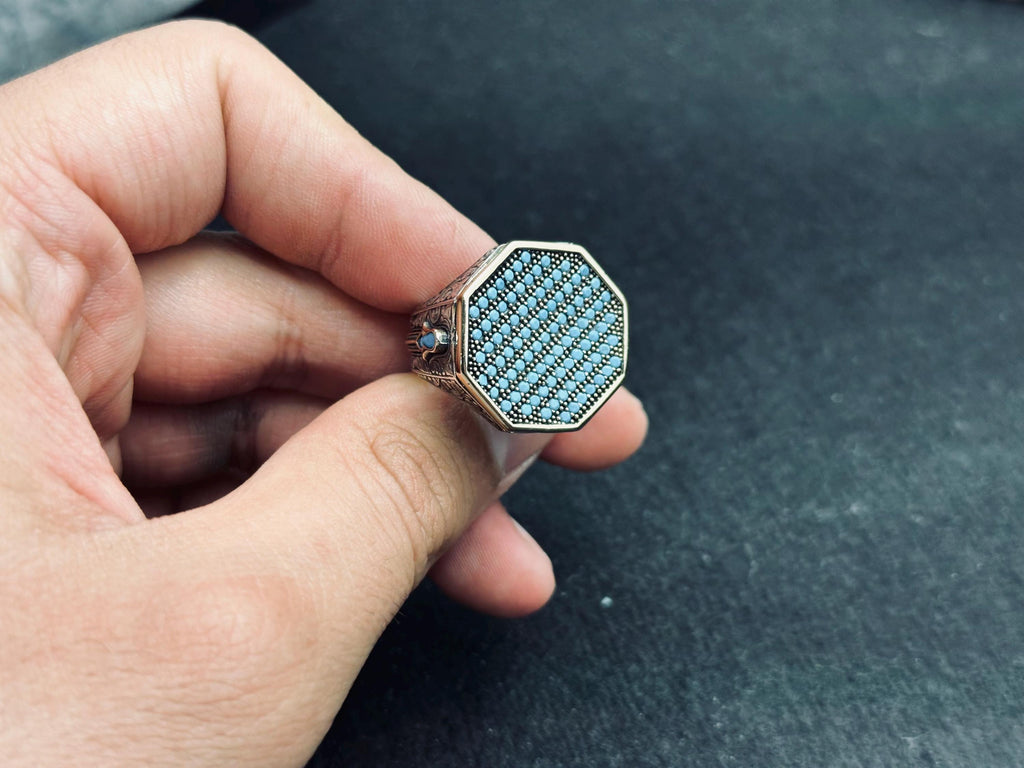 Octagon Turquoise Ring: Men's Geometric Style (Sterling Silver)