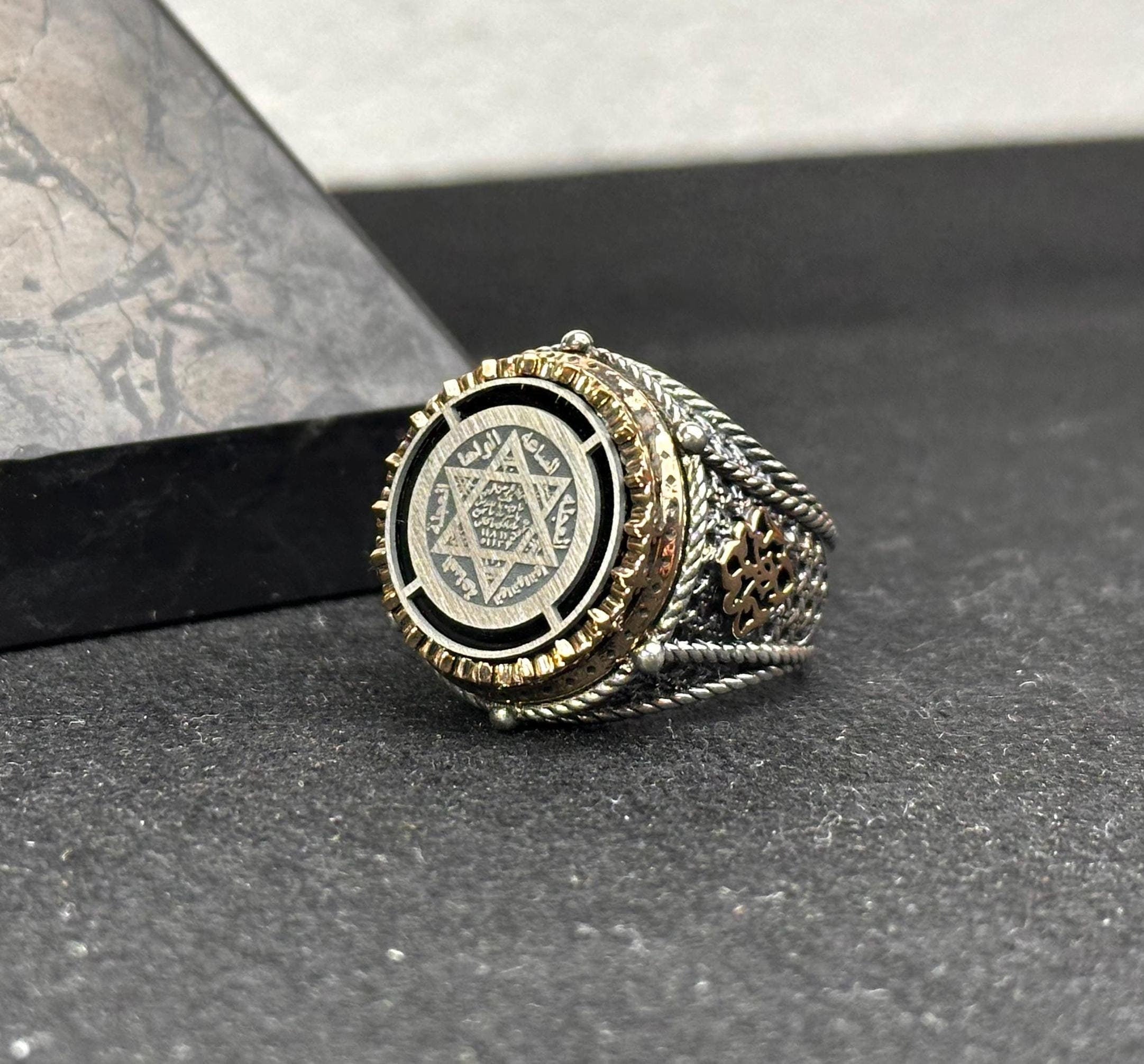 Engraved Solomon Seal Ring - Sterling Silver Handmade Men's Jewelry