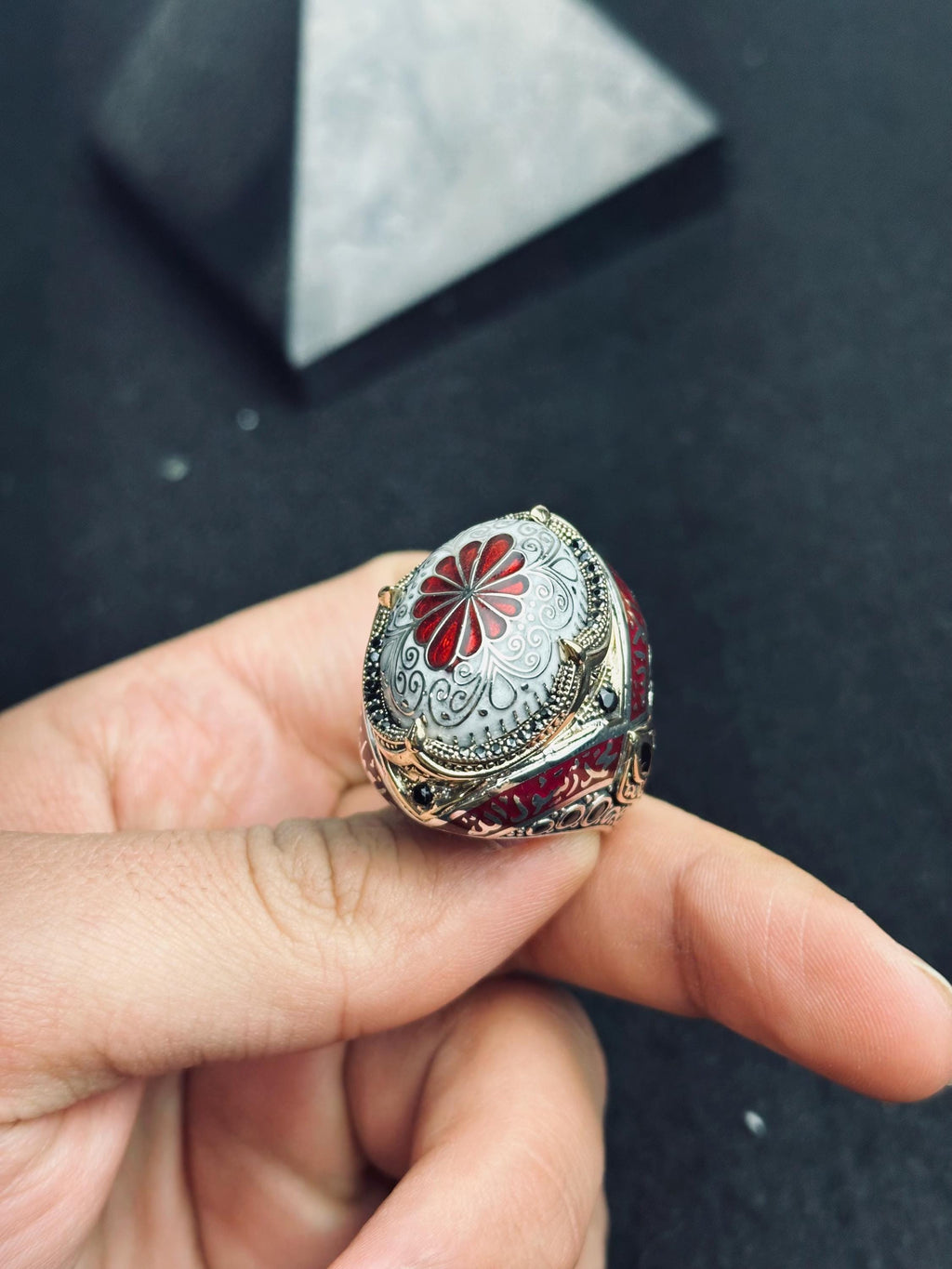 Red Enamel Islamic Ring, 925 Sterling Silver Arabic Calligraphy