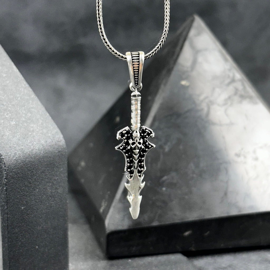 Silver Skull Sword Necklace - Mystic Gothic Gemstone Pendant