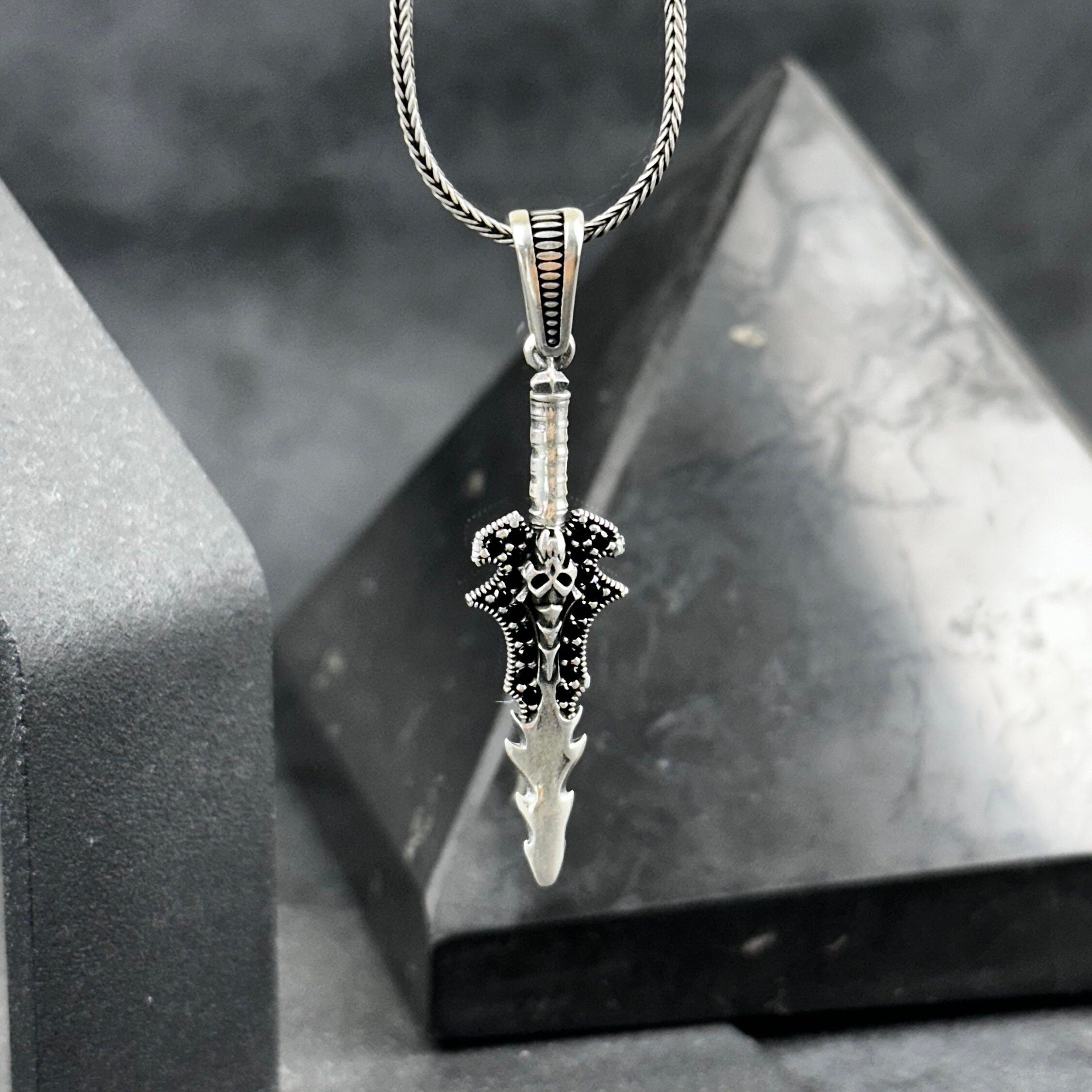 Silver Skull Sword Necklace - Mystic Gothic Gemstone Pendant