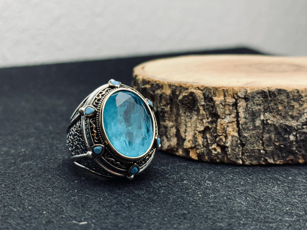 Aquamarine Statement Ring: Handmade Turkish Silver (Men's Size)