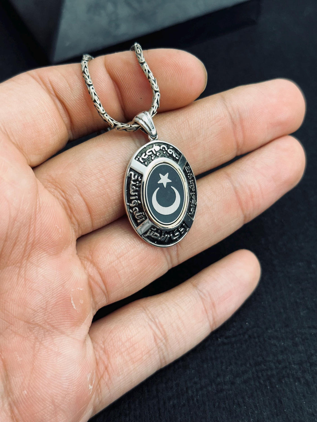 Crescent Moon & Star Necklace, Sterling Silver Oval Pendant (Handmade)