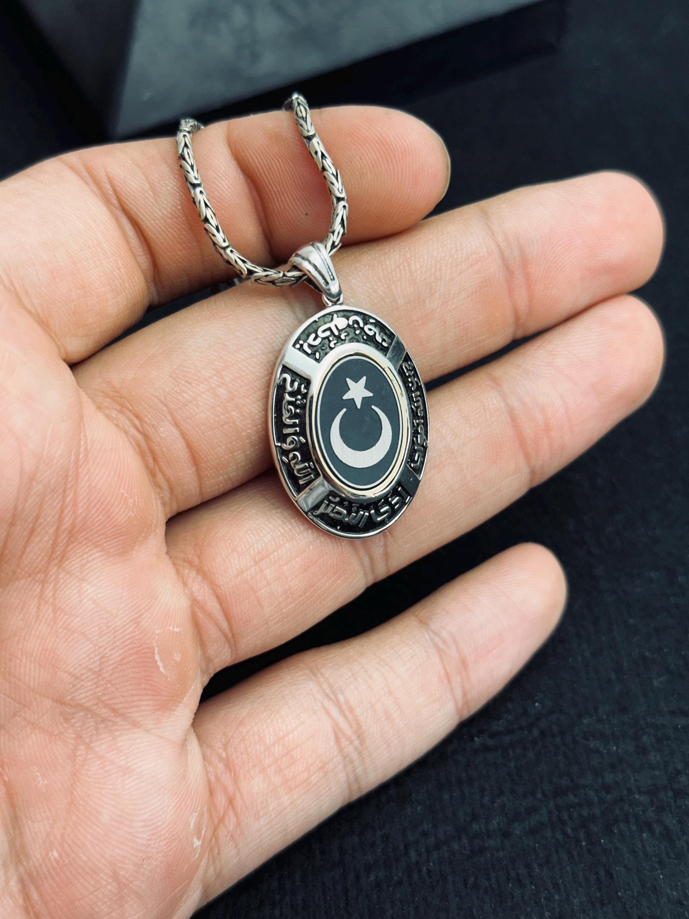 Crescent Moon & Star Necklace, Sterling Silver Oval Pendant (Handmade)