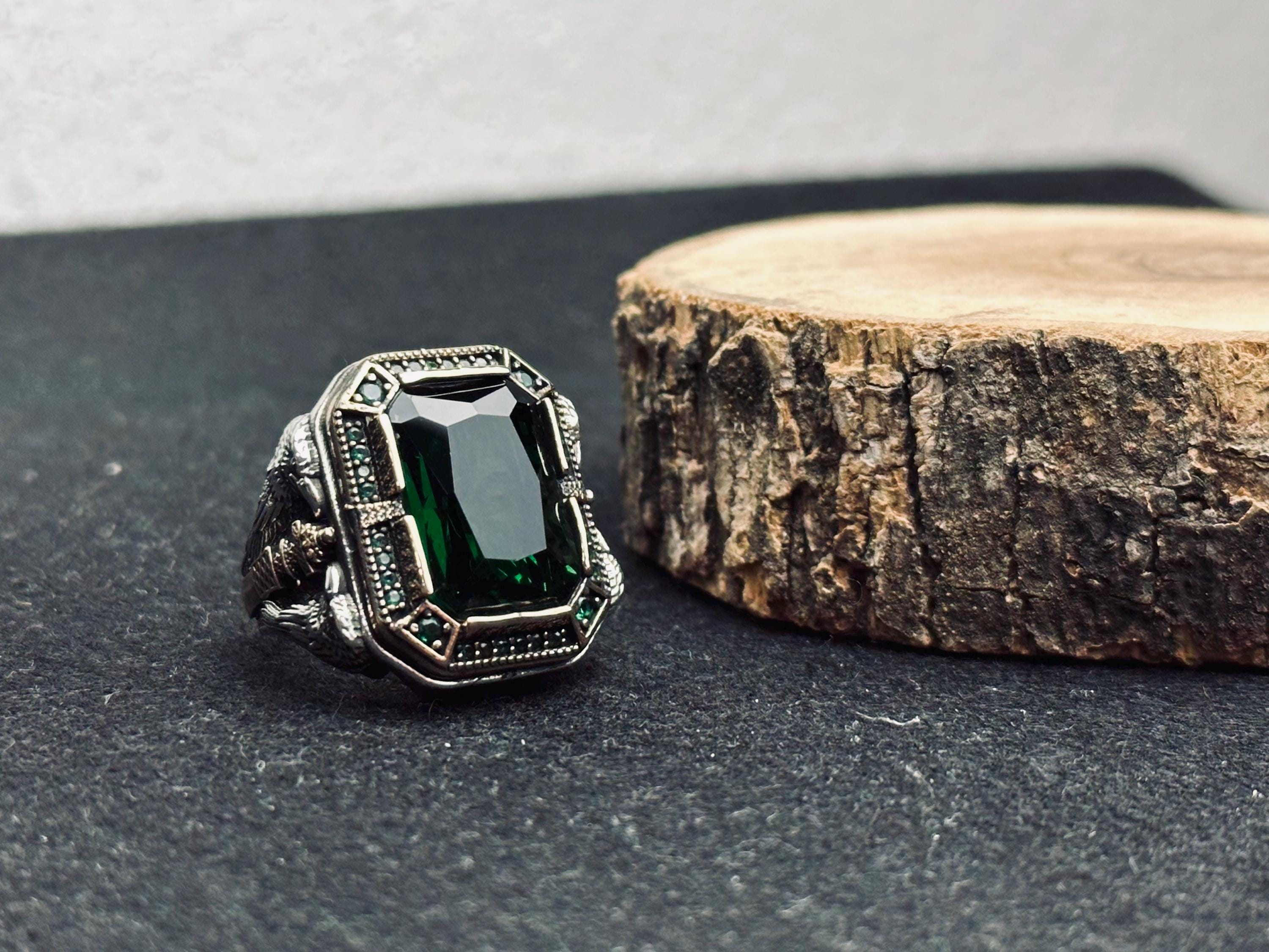 Colombian Emerald Ring for Men: Eagle-Accented Sterling Silver