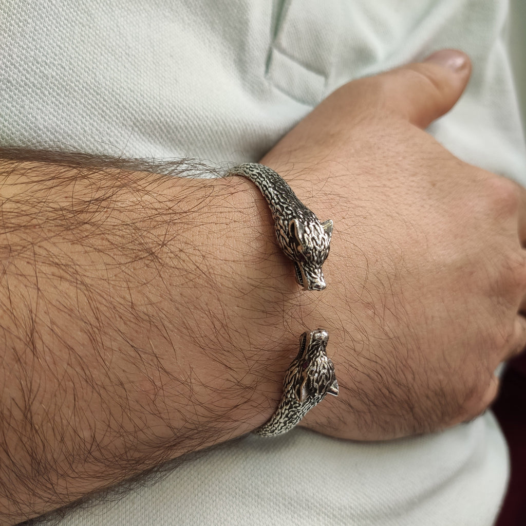 Wolf Head Bracelet: Sterling Silver Men's Jewelry (Handmade Cuff)