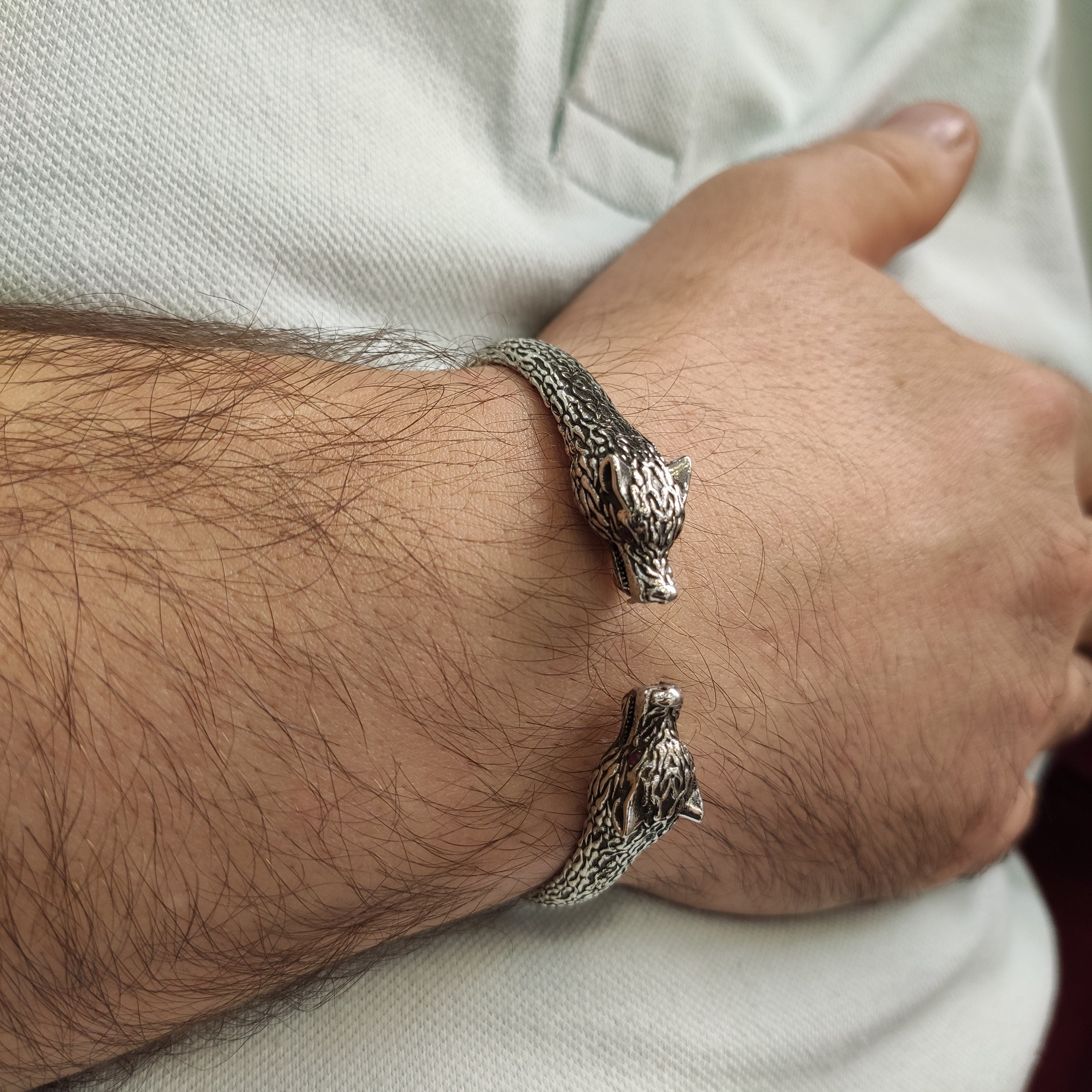 Wolf Head Bracelet: Sterling Silver Men's Jewelry (Handmade Cuff)