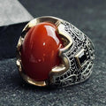 Red Yemeni Aqeeq Ring: Oval Agate Stone, Sterling Silver