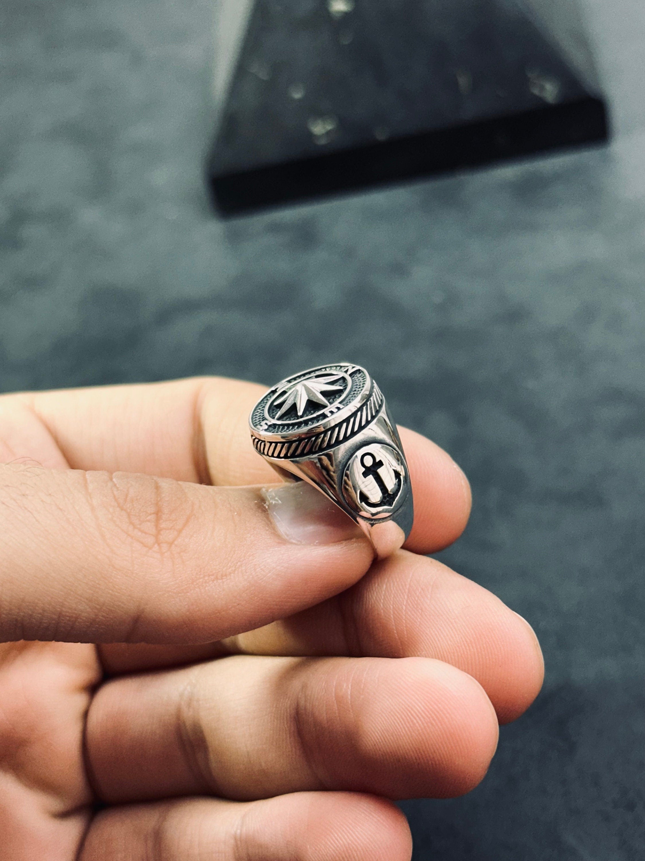 Sterling Silver Compass Ring: Handmade North Star Band