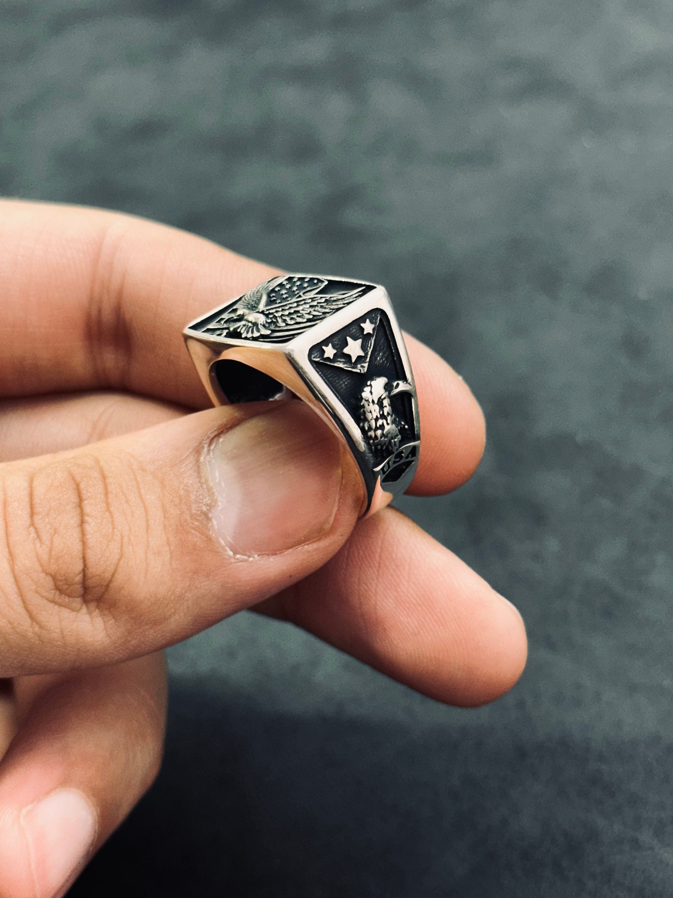 Eagle Ring: Sterling Silver American Flag Style (Men's Statement Jewelry)