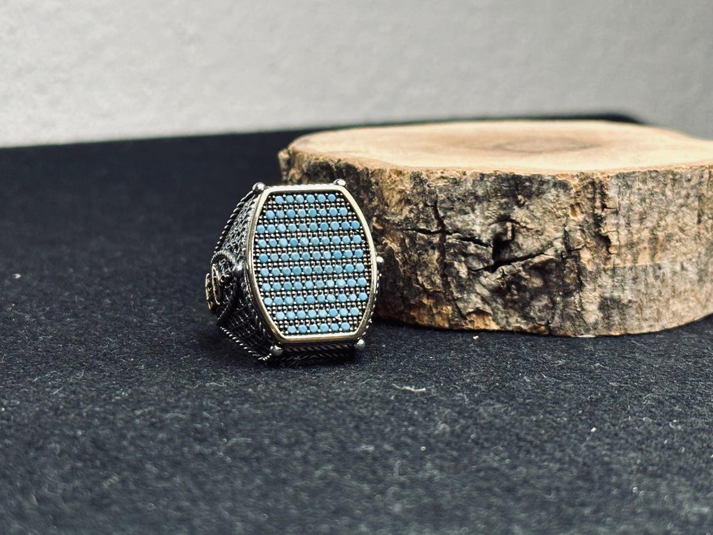 Turquoise Men's Ring - Sterling Silver with Zircon and Mosque Detail