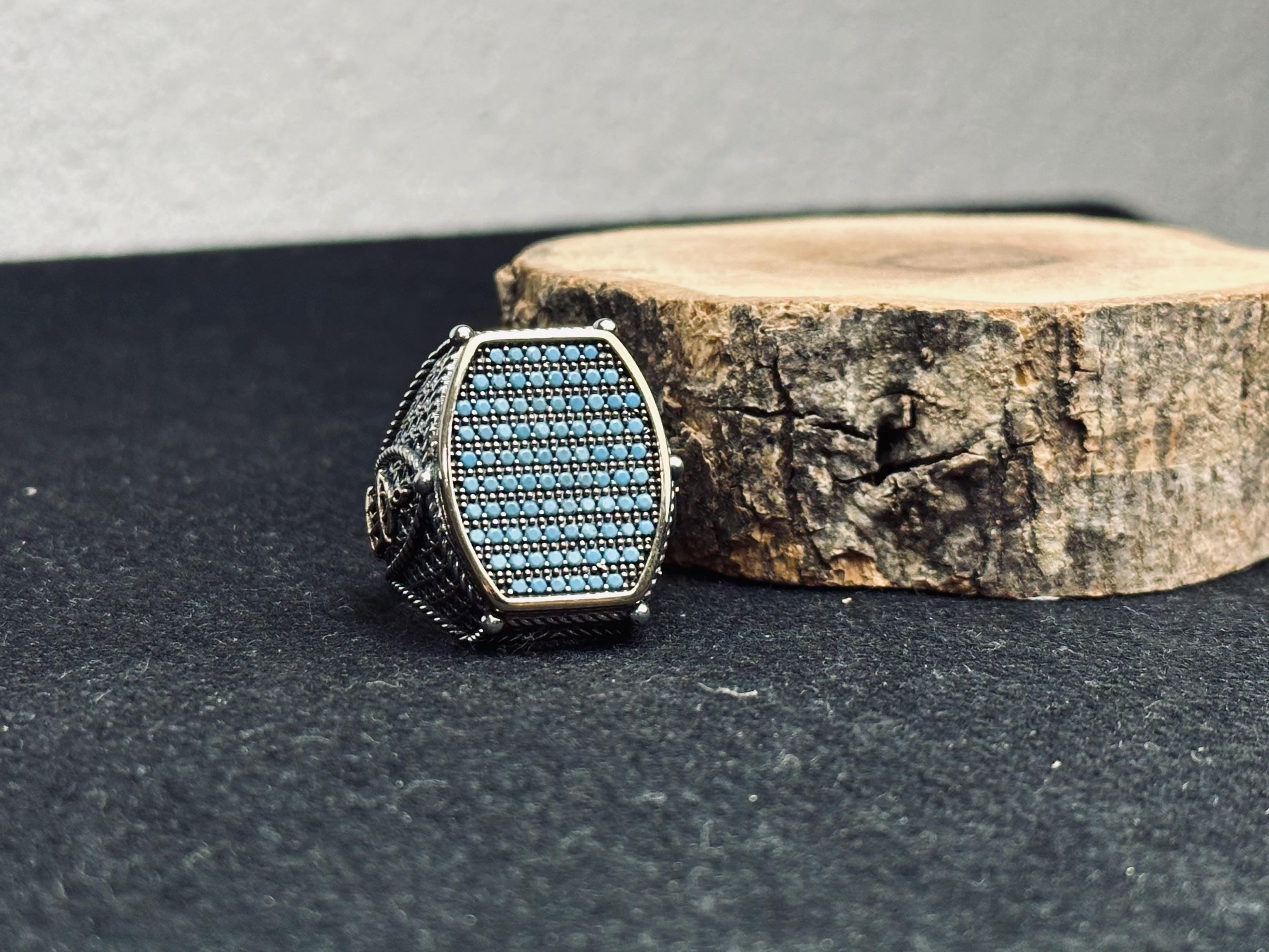 Turquoise Men's Ring - Sterling Silver with Zircon and Mosque Detail