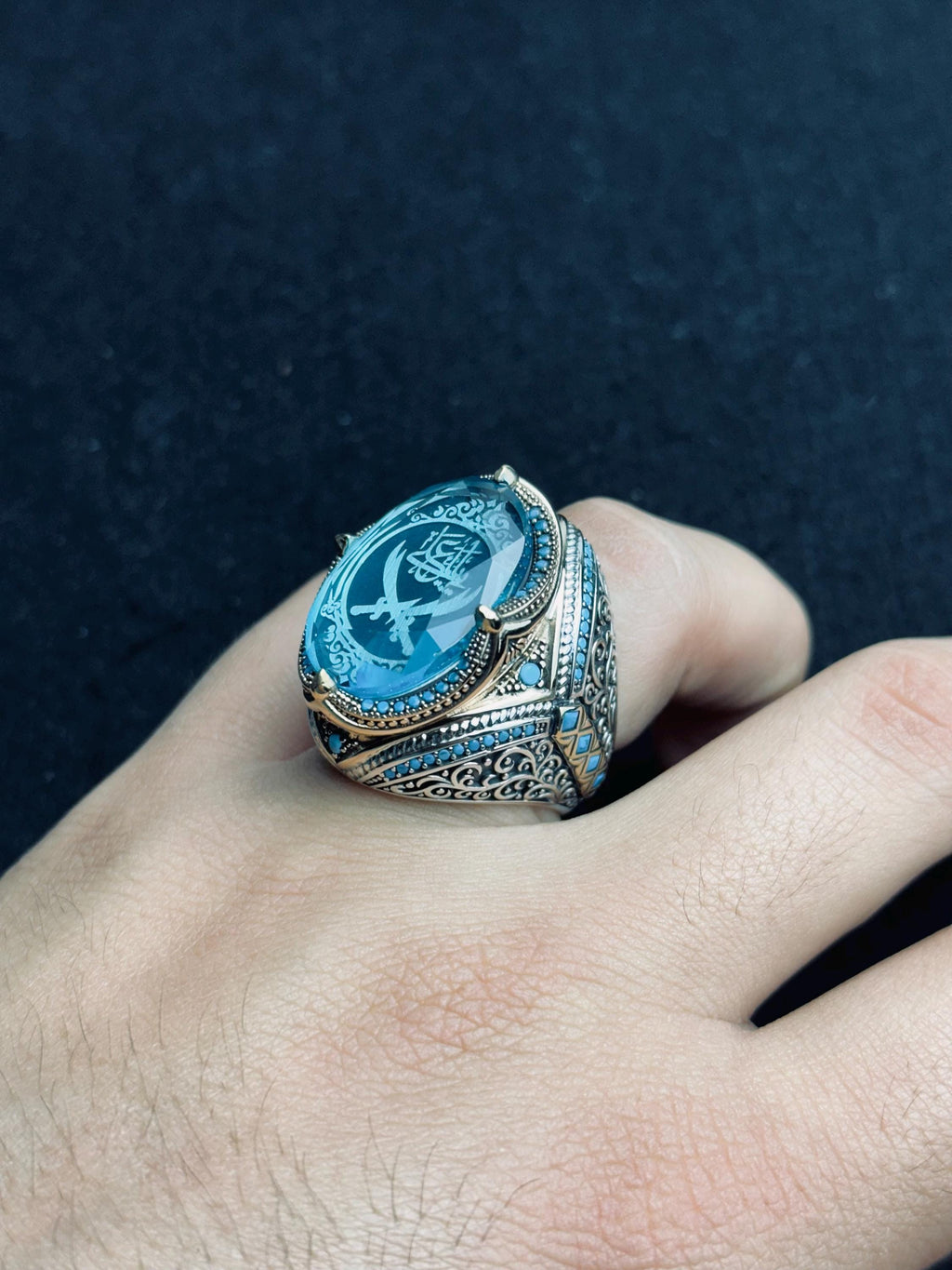 Zulfiqar Sword Ring: Islamic Sterling Silver Jewelry (Blue Zircon)