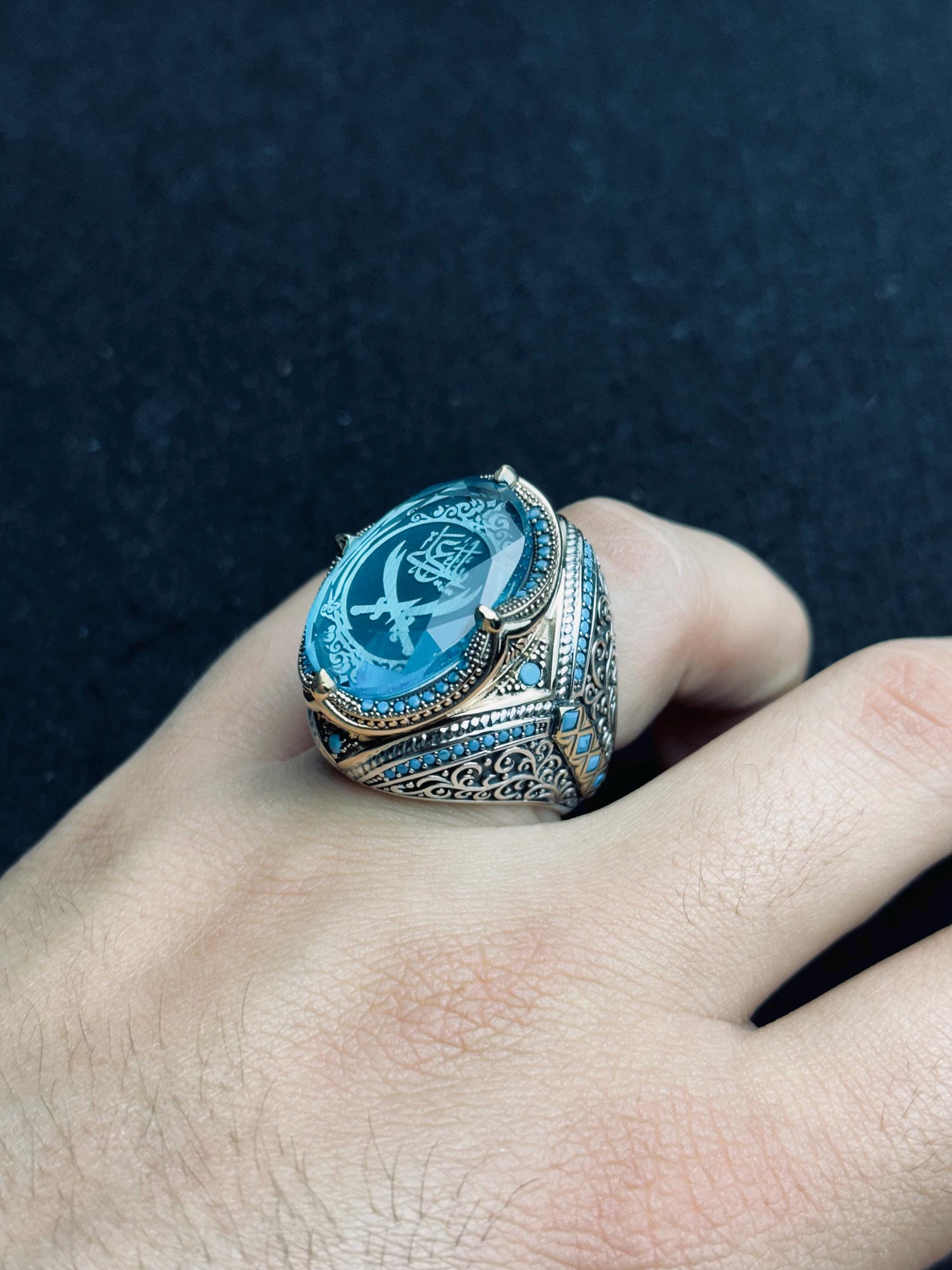 Zulfiqar Sword Ring: Islamic Sterling Silver Jewelry (Blue Zircon)