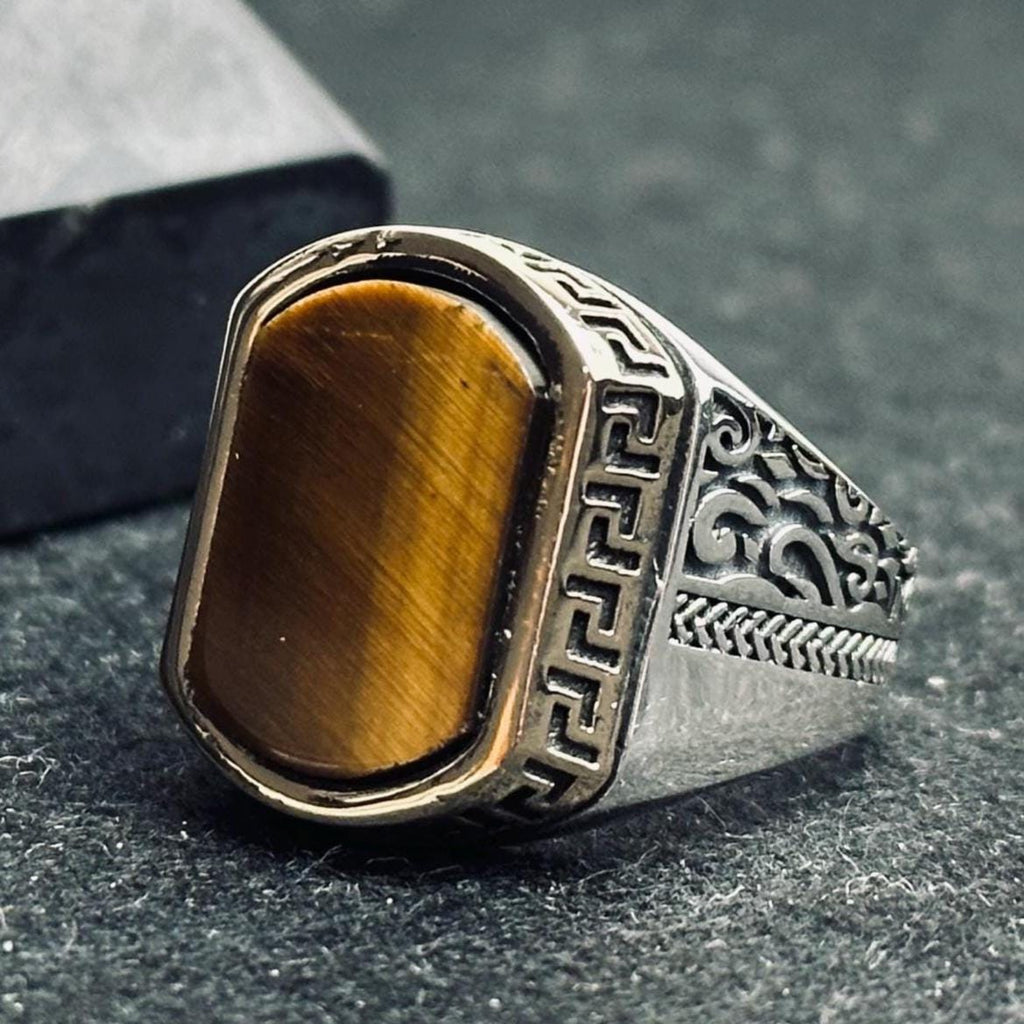 Men's Sterling Silver Ring: Turkish Tiger's Eye - Square Gemstone