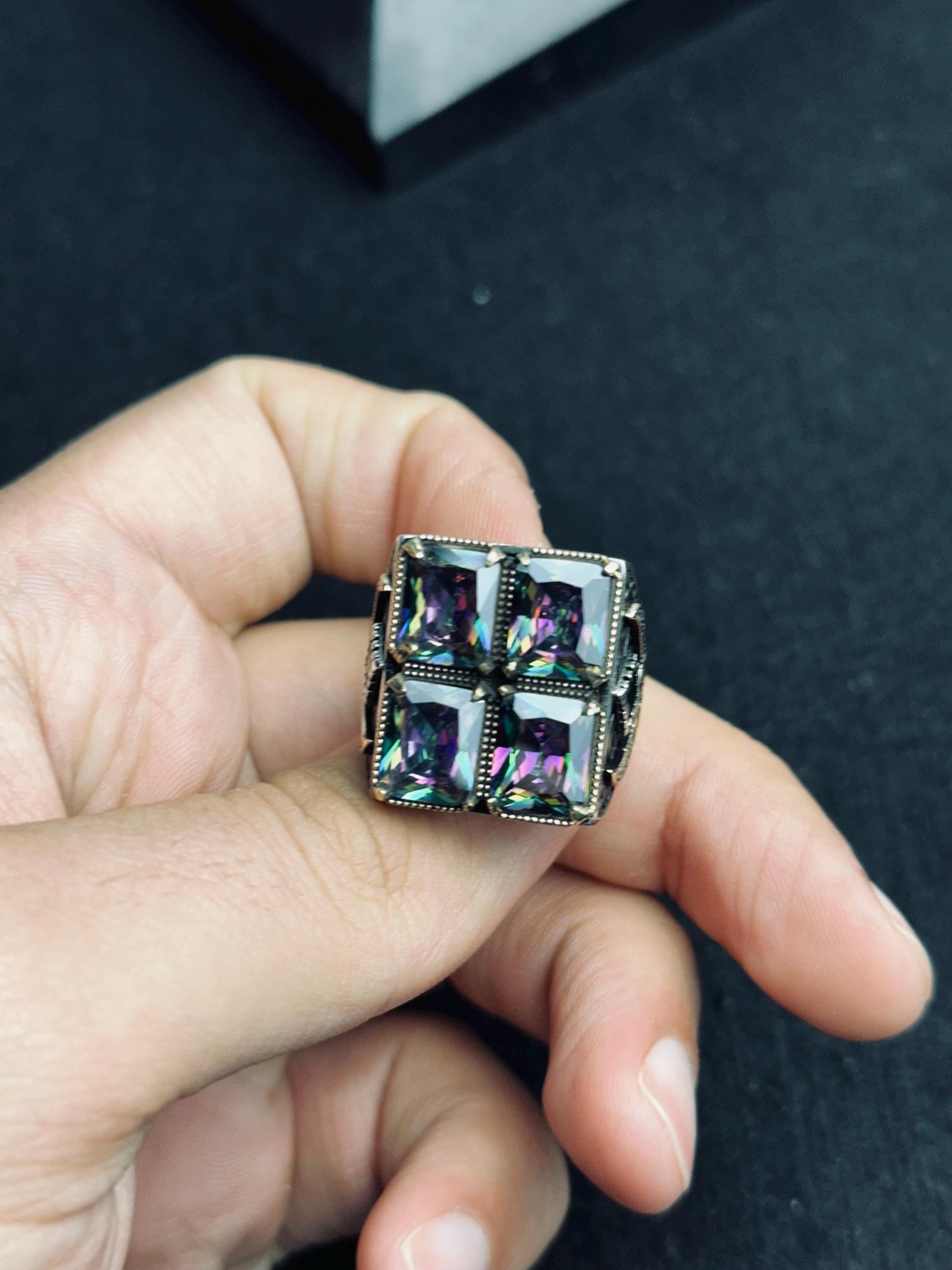 Mystic Topaz Ring: Handmade Turkish Silver (4 Stone Square)