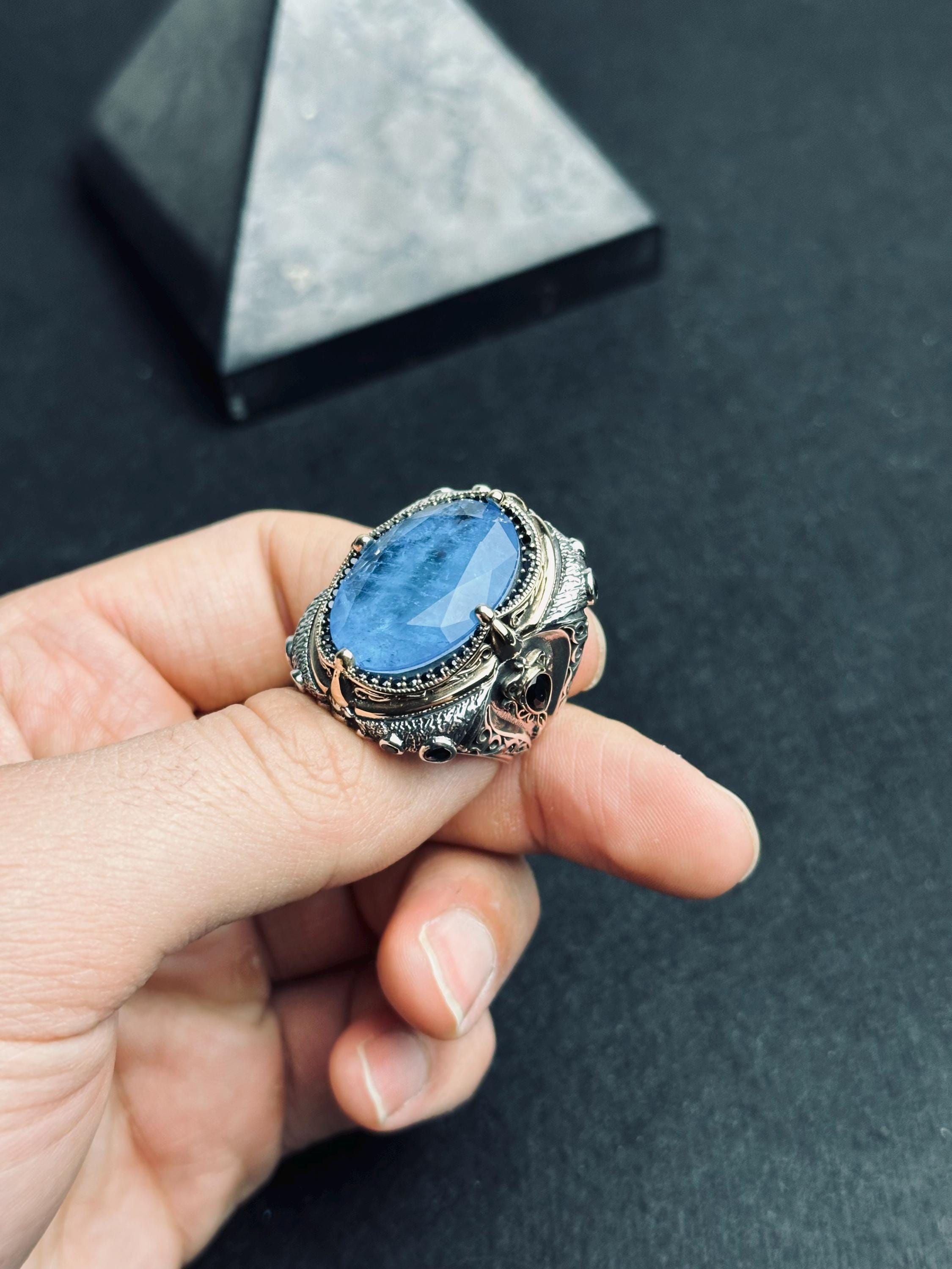 Handmade Sterling Silver Men’s Ring with Large Blue Gemstone – Vintage Ottoman Style Statement Ring, Bold Warrior Ring, Gift for Him
