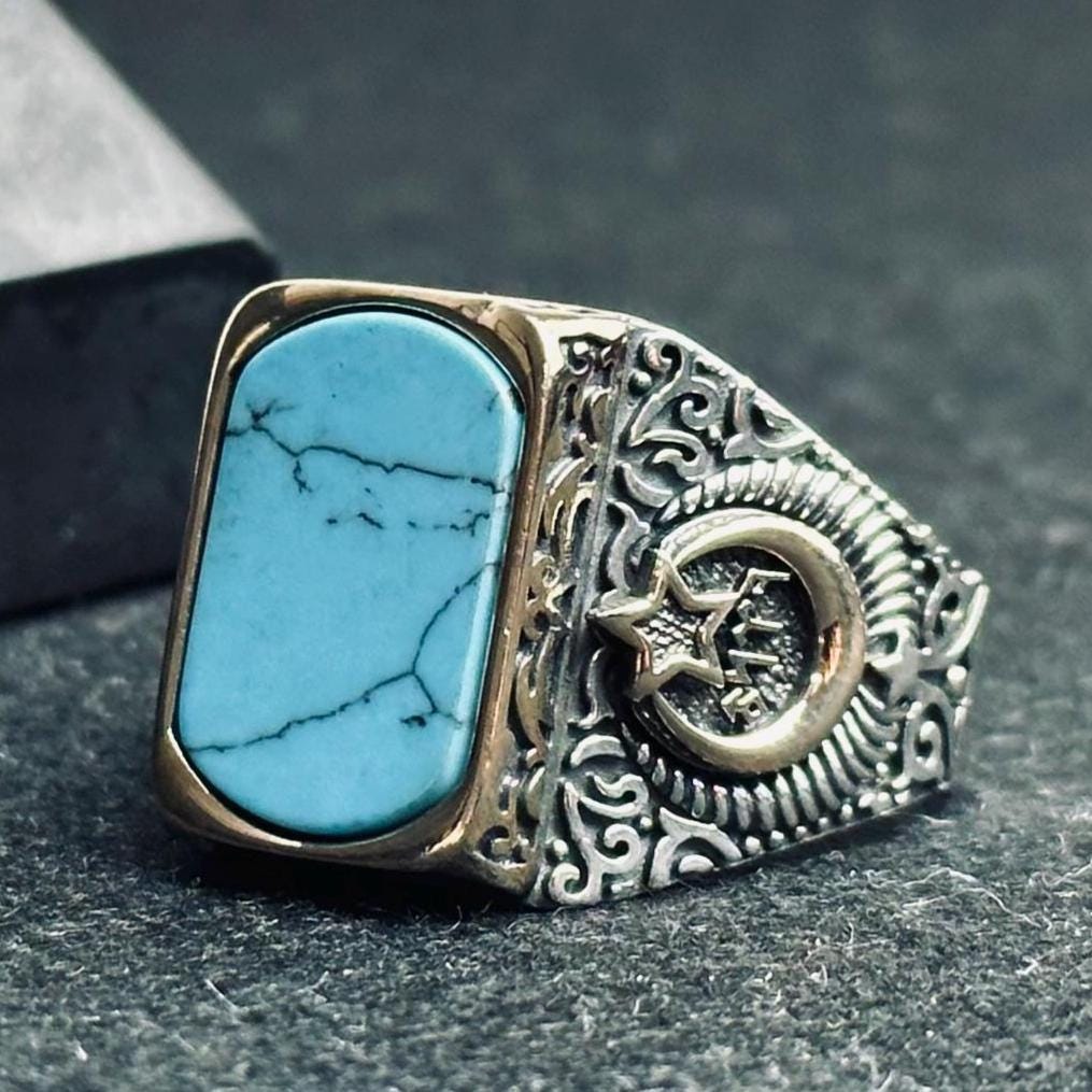 Men's Silver Ring: Mystic Topaz and Crescent Star - Handmade