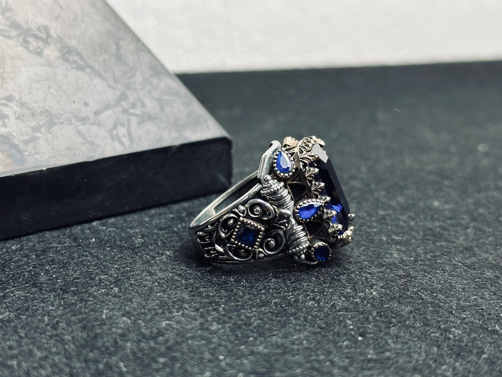 Blue Sapphire Statement Ring: Turkish Handmade Silver (Square Cut)