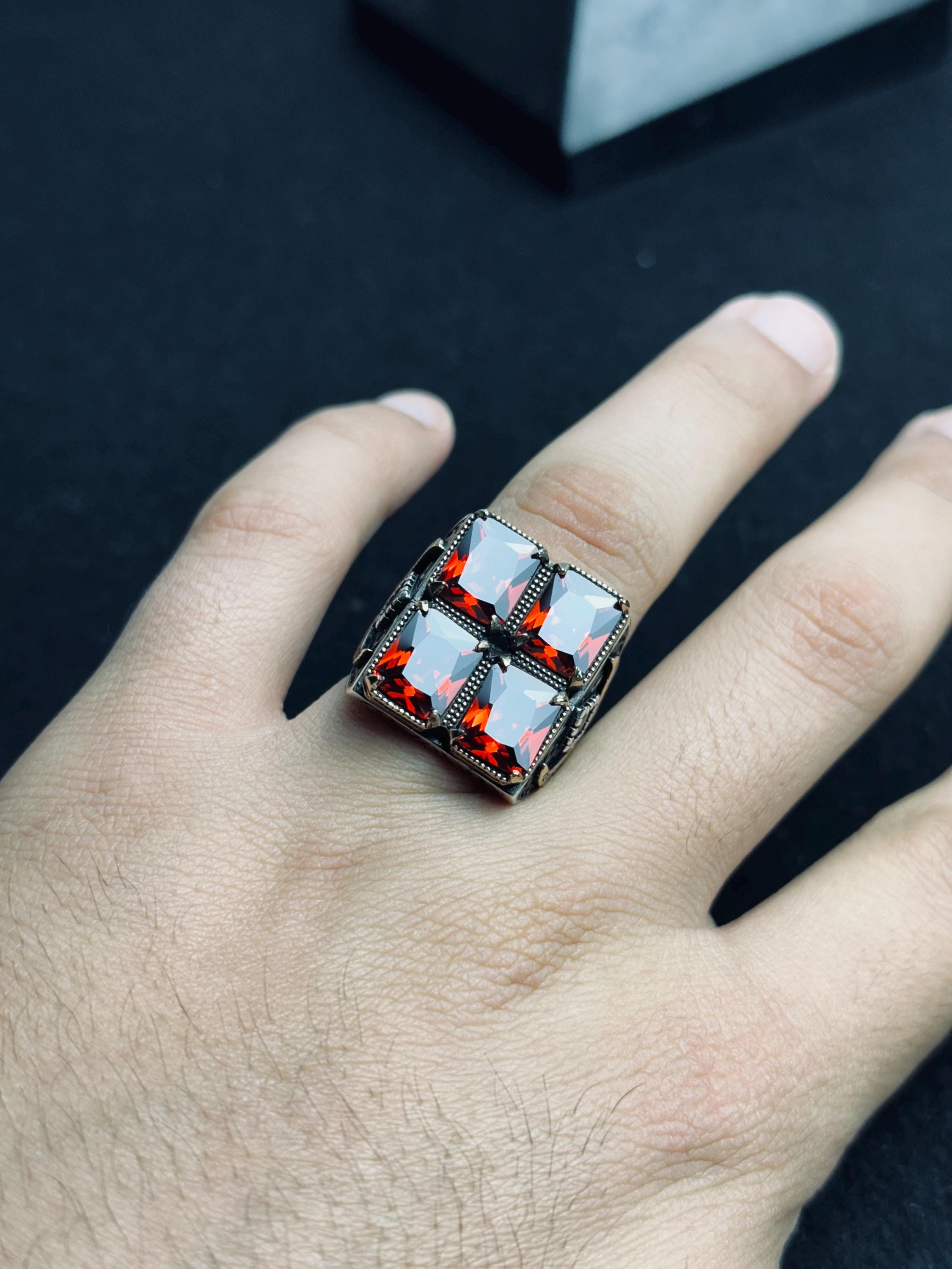 Men’s Ruby Silver Ring - Bold Four Stone Square Handmade Style