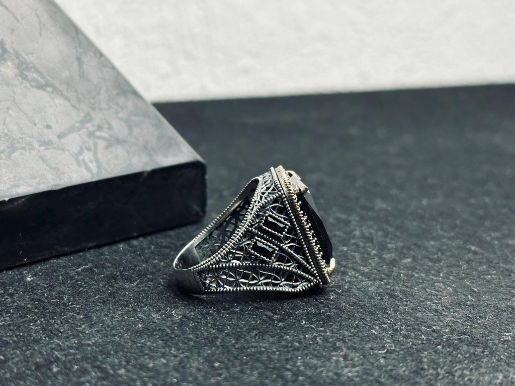 Black Zircon Men's Ring - Sterling Silver Ottoman Style