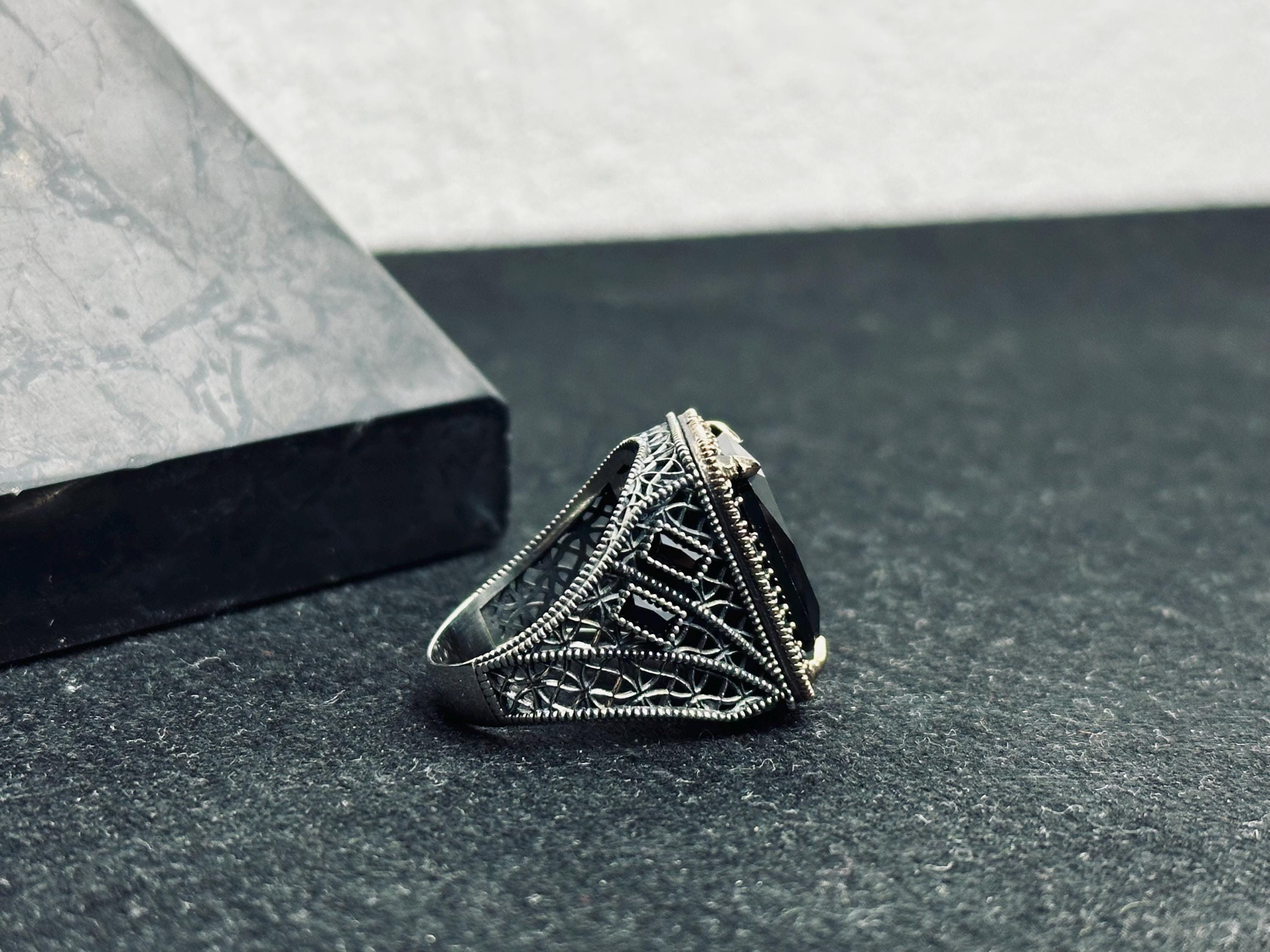Black Zircon Men's Ring - Sterling Silver Ottoman Style
