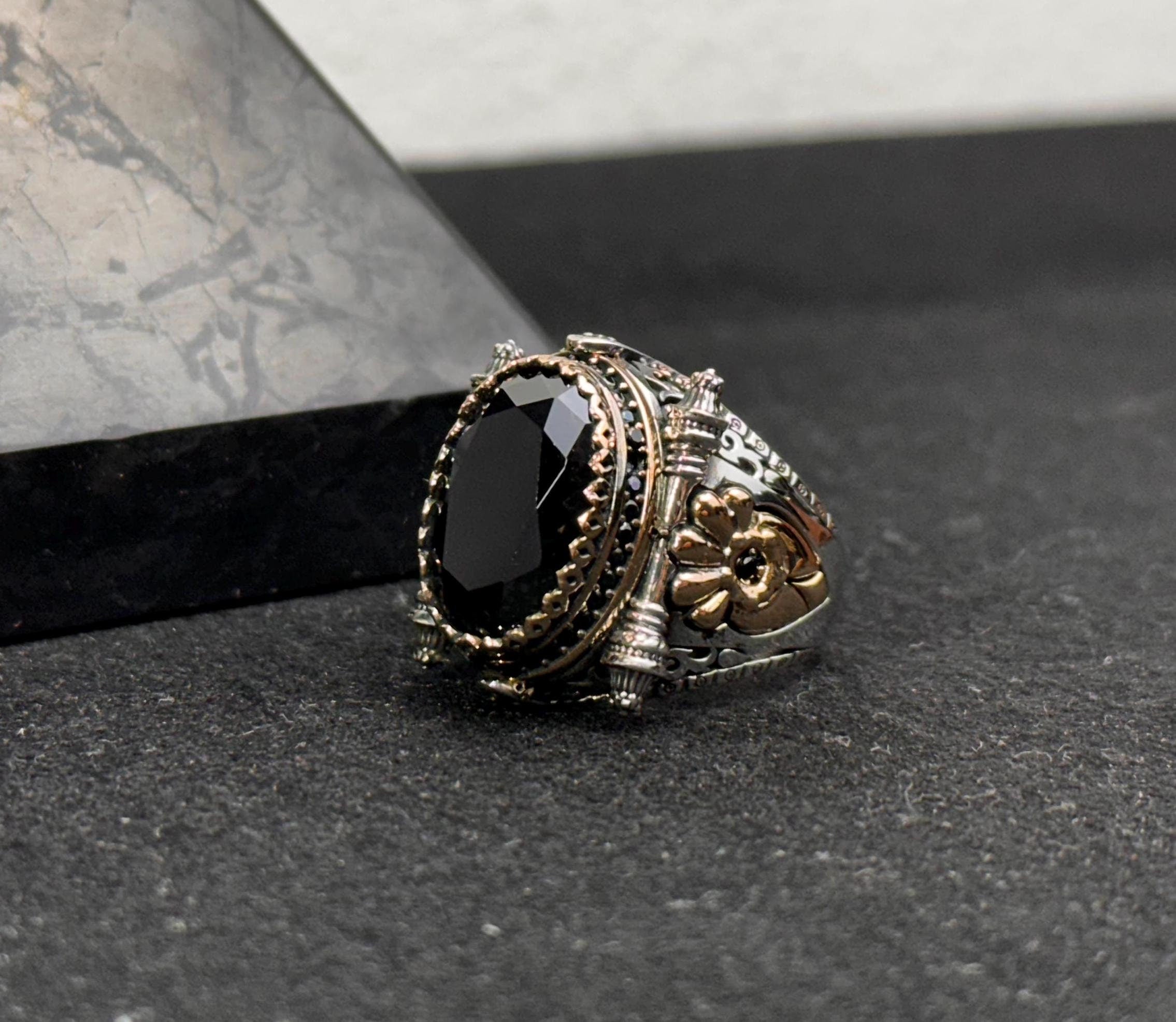 Sterling Silver Men's Ring, Black Zircon Statement (Handmade)