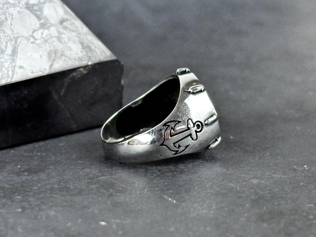 Sterling Silver Compass Ring: Sailor Design - Engraved Anchor Detail