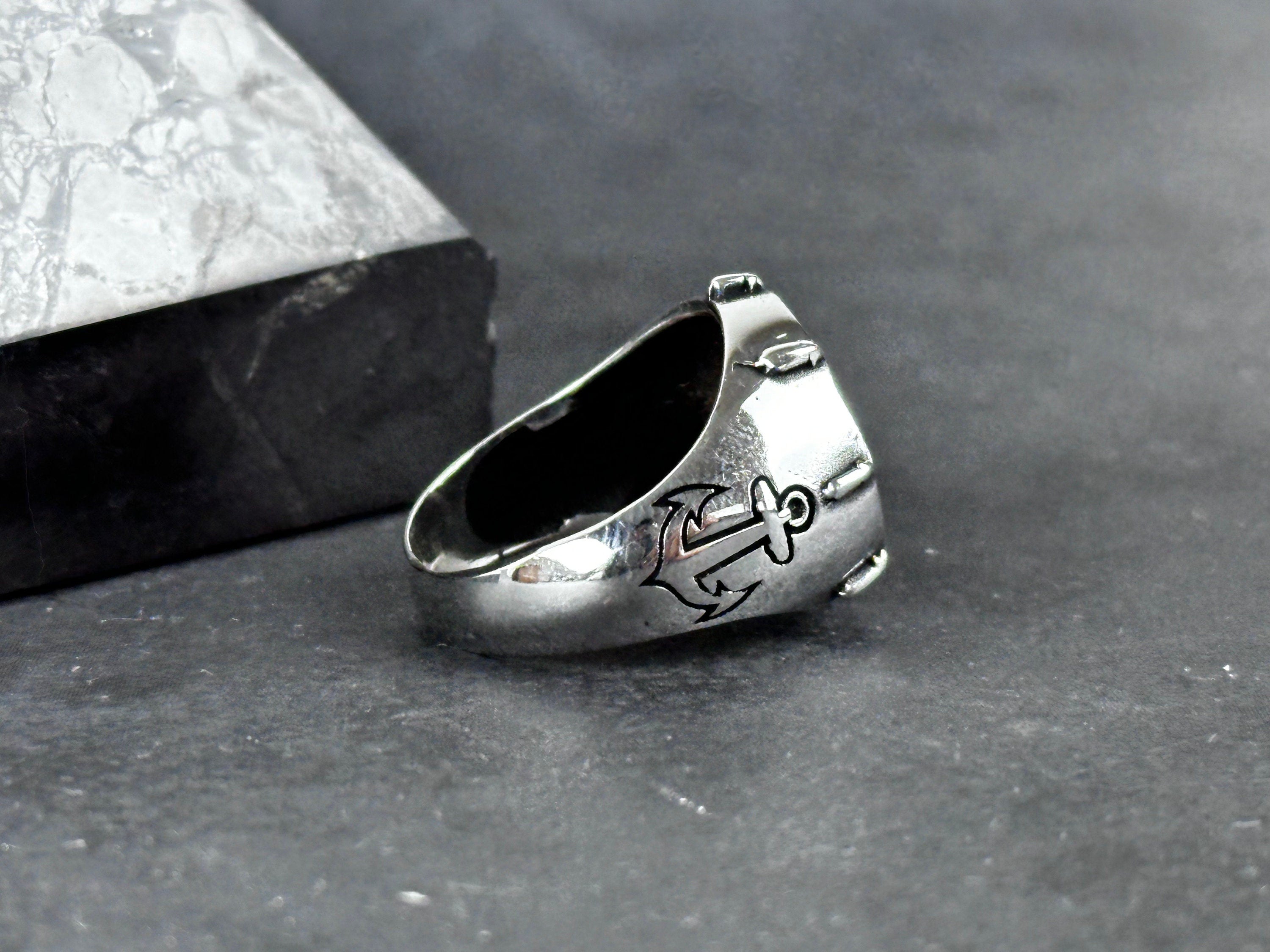 Sterling Silver Compass Ring: Sailor Design - Engraved Anchor Detail