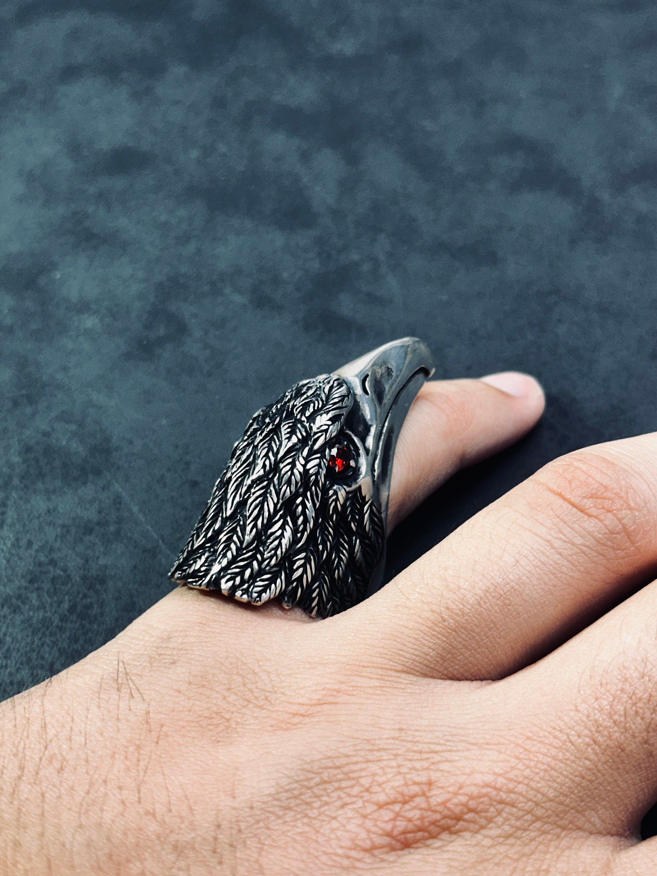 Eagle Head Ring: Large Sterling Silver - Hand-Engraved Detail