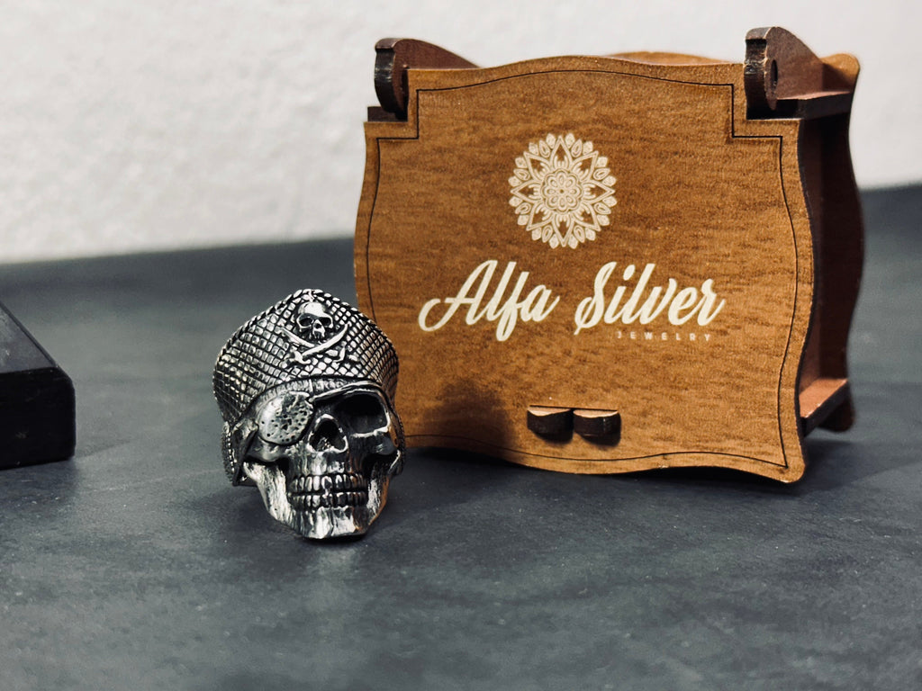 Sterling Silver Pirate Skull Ring: Gothic Biker Captain Design
