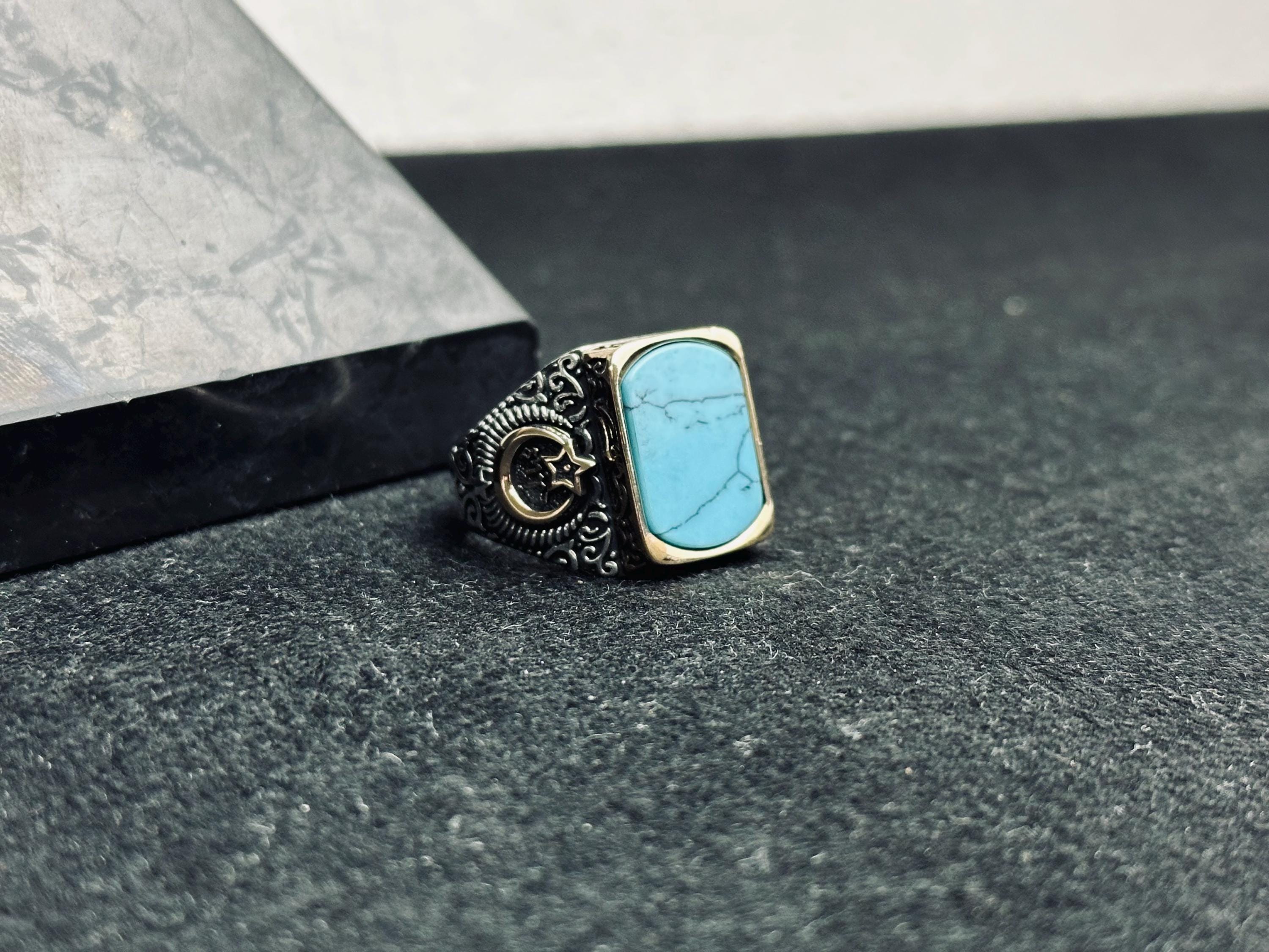 Men's Silver Ring: Mystic Topaz and Crescent Star - Handmade